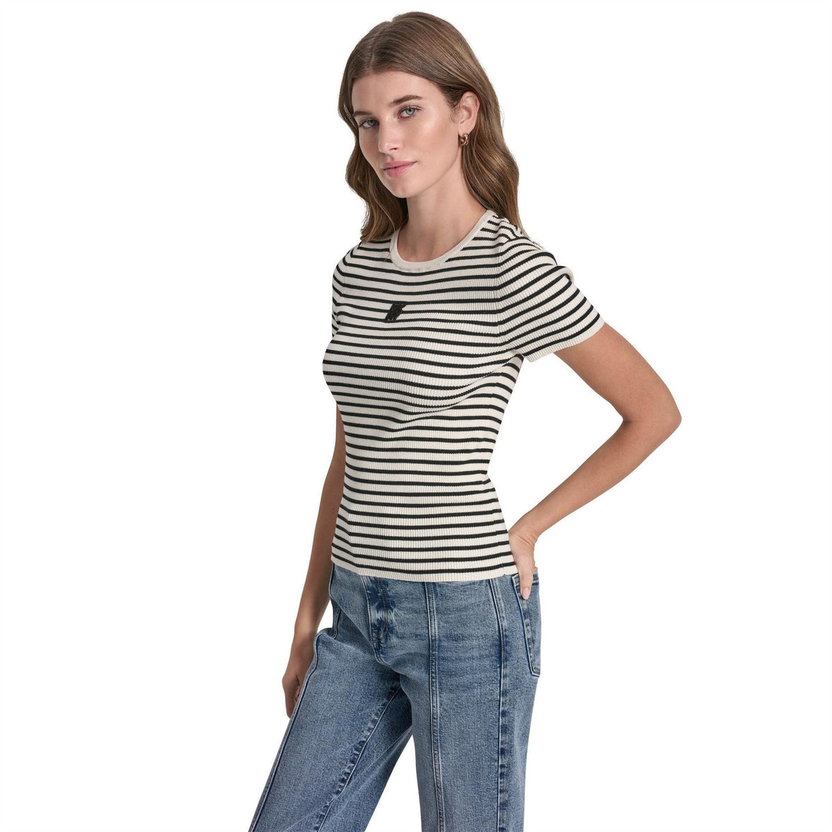 DKNY Jeans Crew Neck Striped Short Sleeve Rib Top