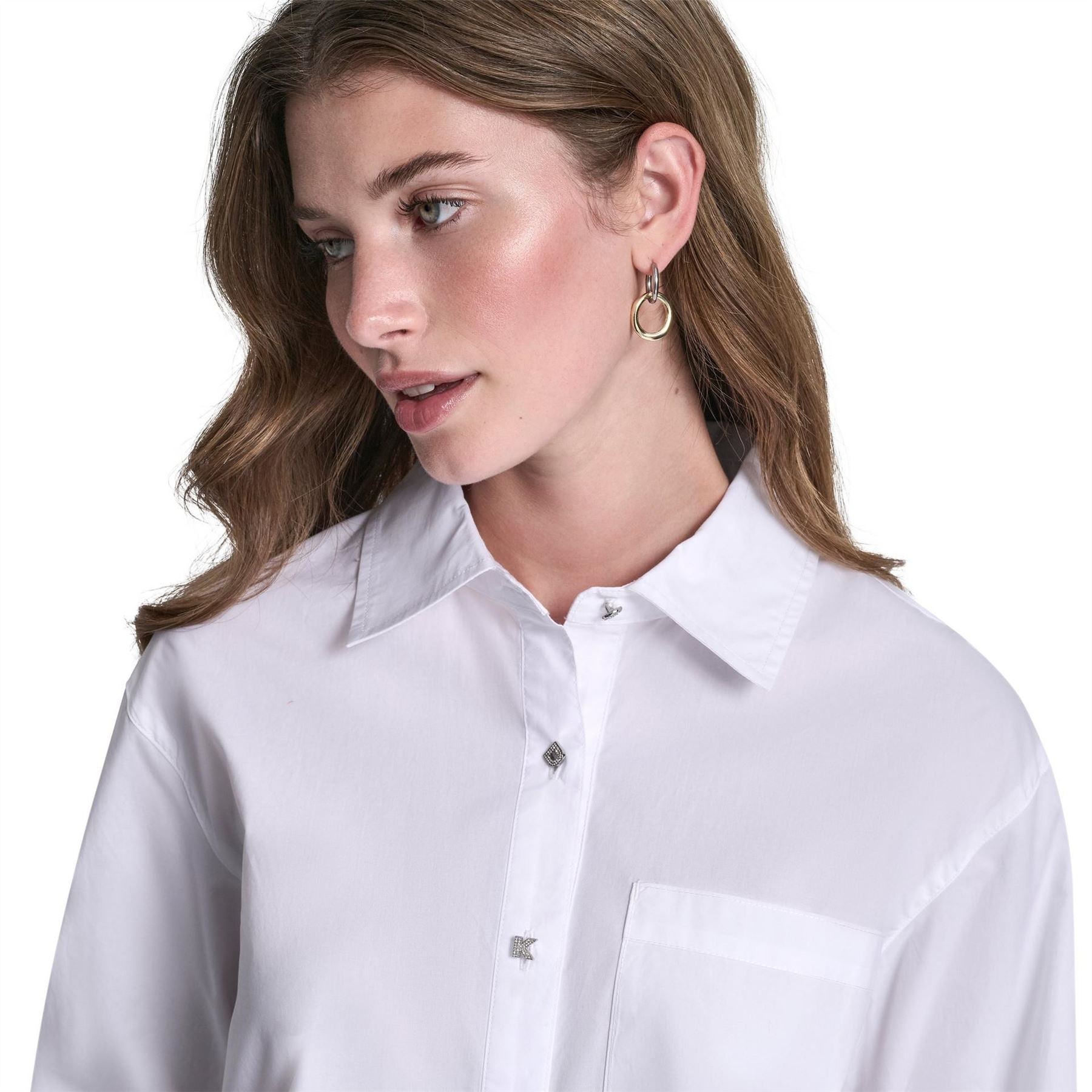 DKNY Jeans Poplin Shirt W  Rhinestone Buttons  And  Stepped Hem