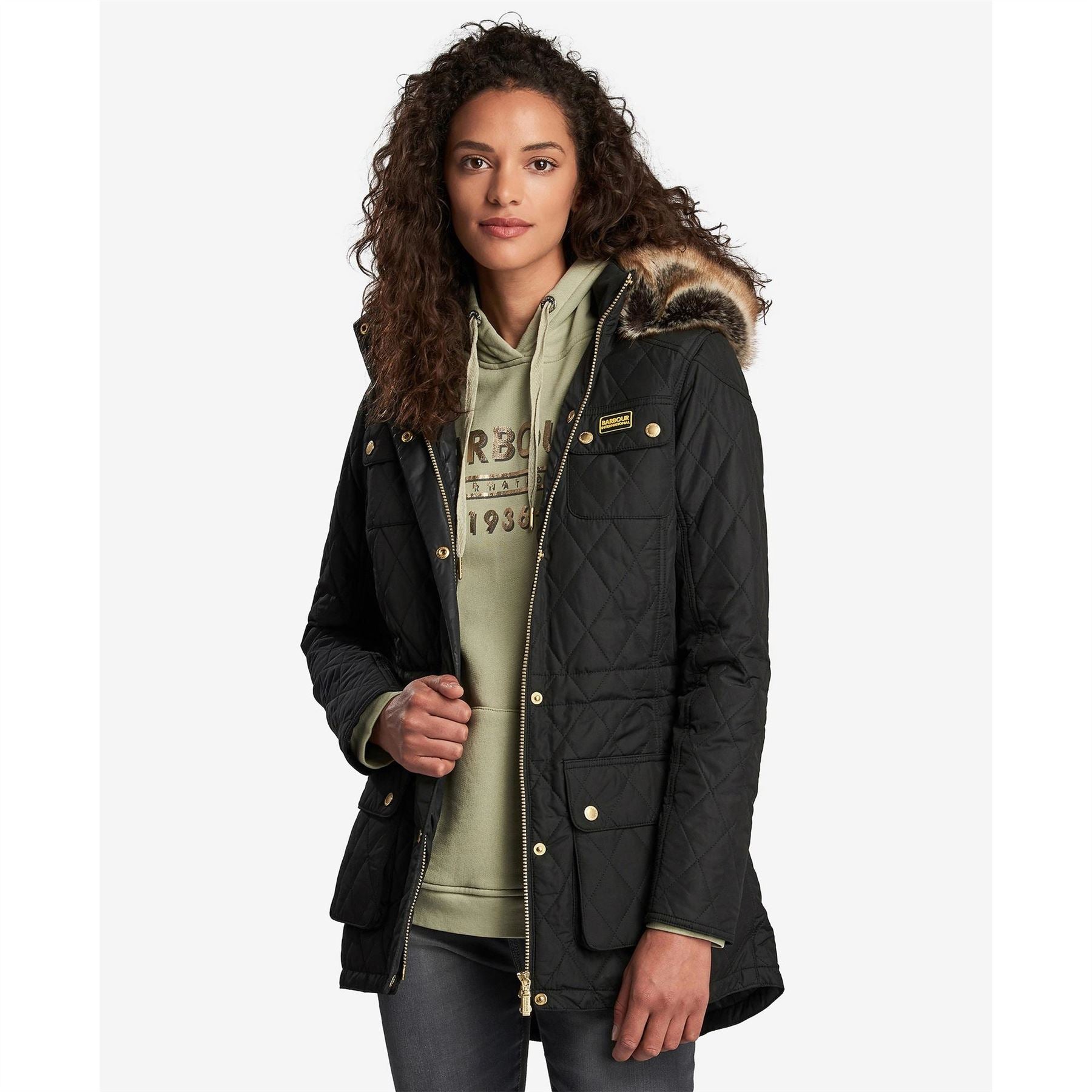 Barbour International Enduro Quilted Windproof Faux Fur Trim Mid Length Short Puffer Jacket