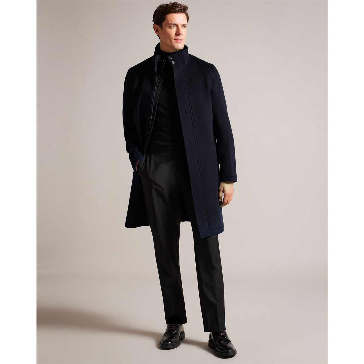 Ted Baker Solid Patterned Snap Button High Neck Overcoat