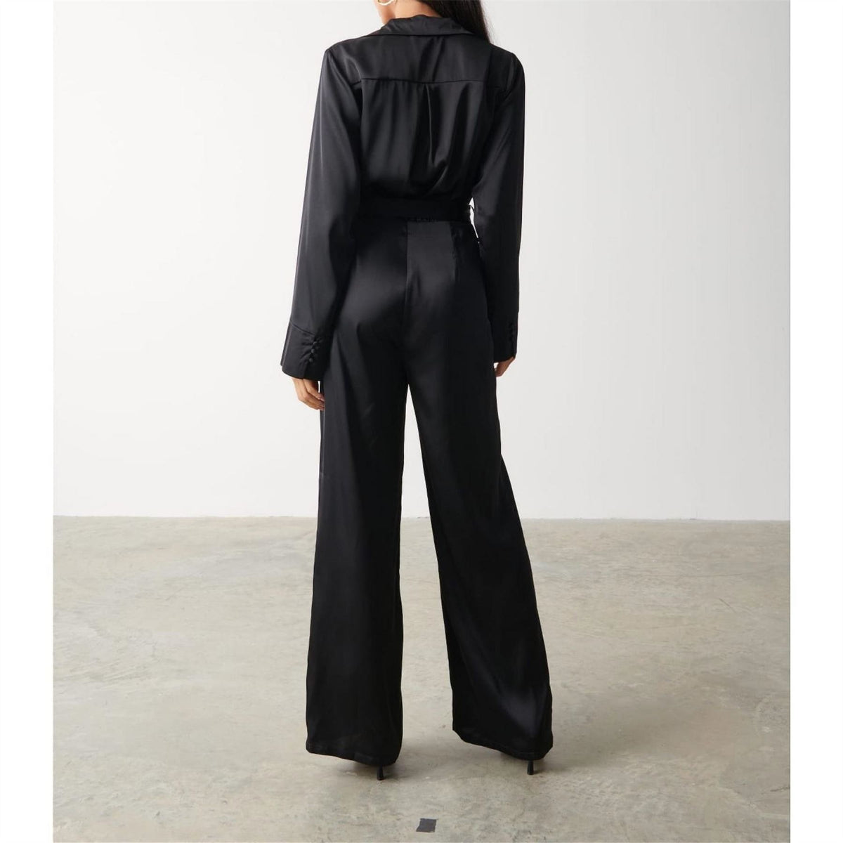 Pretty Lavish Carmen Collared Satin Long Sleeve Jumpsuit