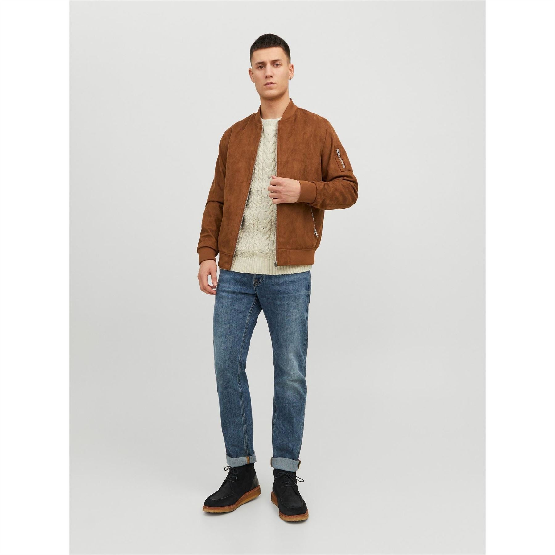 Jack and Jones Faux Suede Bomber Rib Crew Neck Jacket