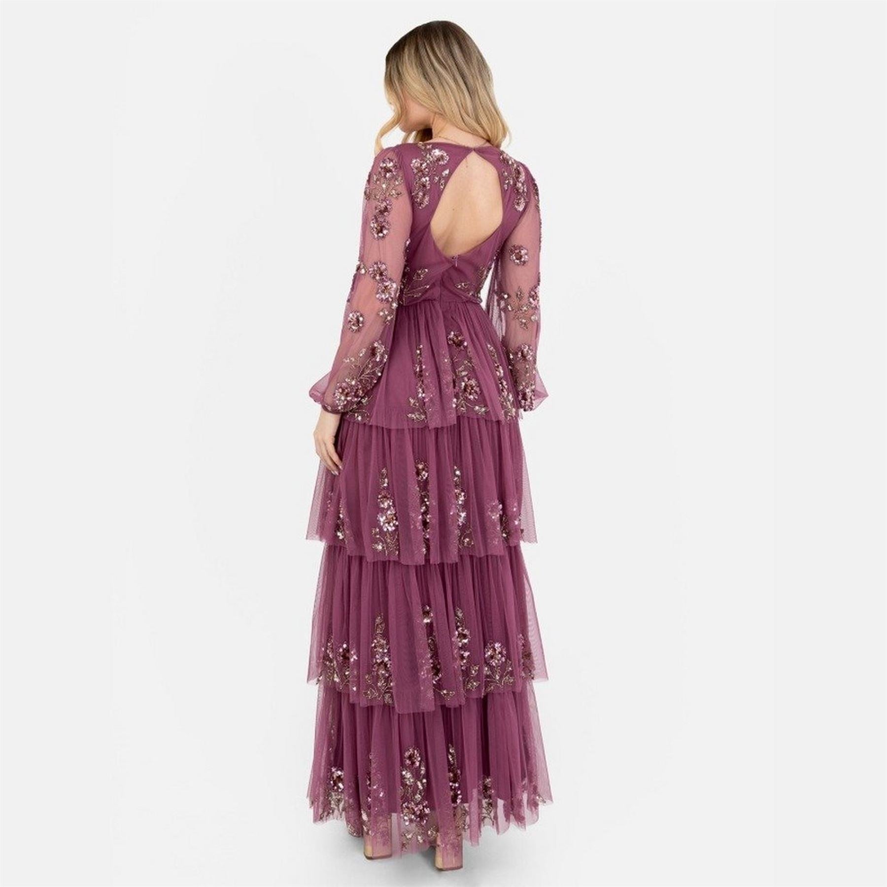 Maya Deluxe Purple Embellished Maxi Sleeve Tiered Maxi Dress