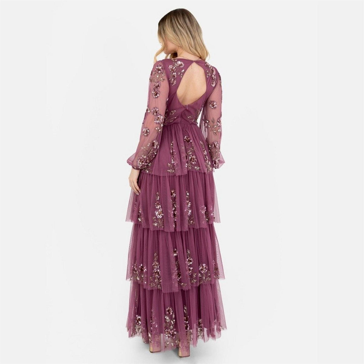 Maya Deluxe Purple Embellished Maxi Sleeve Tiered Maxi Dress