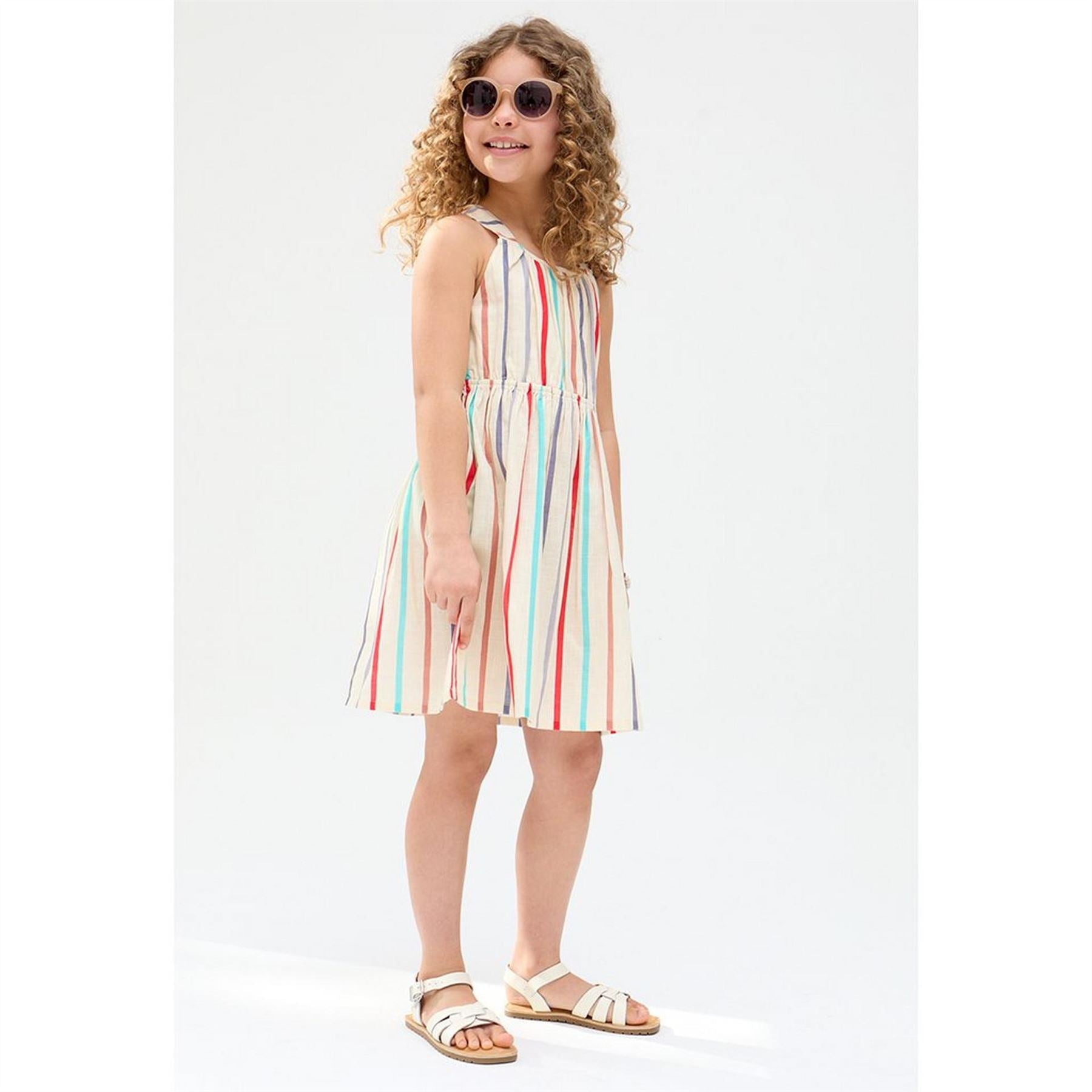 Raffya Kids Kris Cross Back Stripe Print Dress In Cream