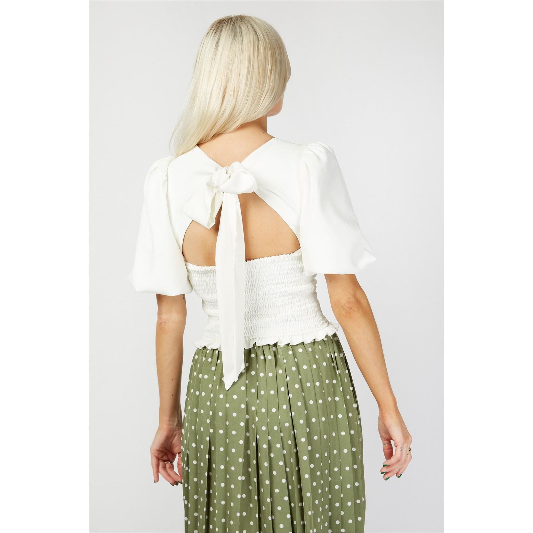 Little Mistress Cropped Puff Sleeve V-Neck Blouse