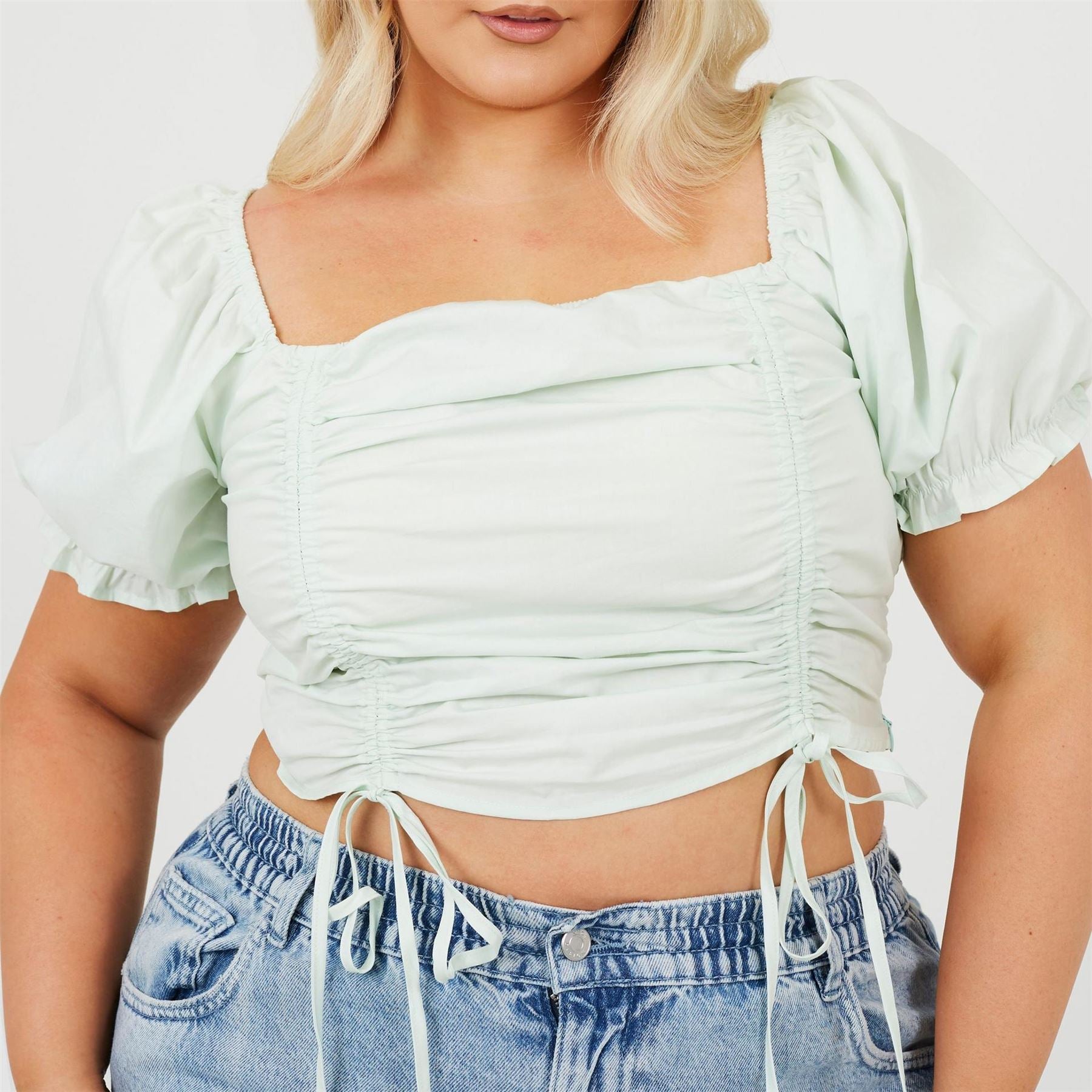 Brave Soul Womens Plus Size Puff Sleeve Top With Ruched And Tie Details.
