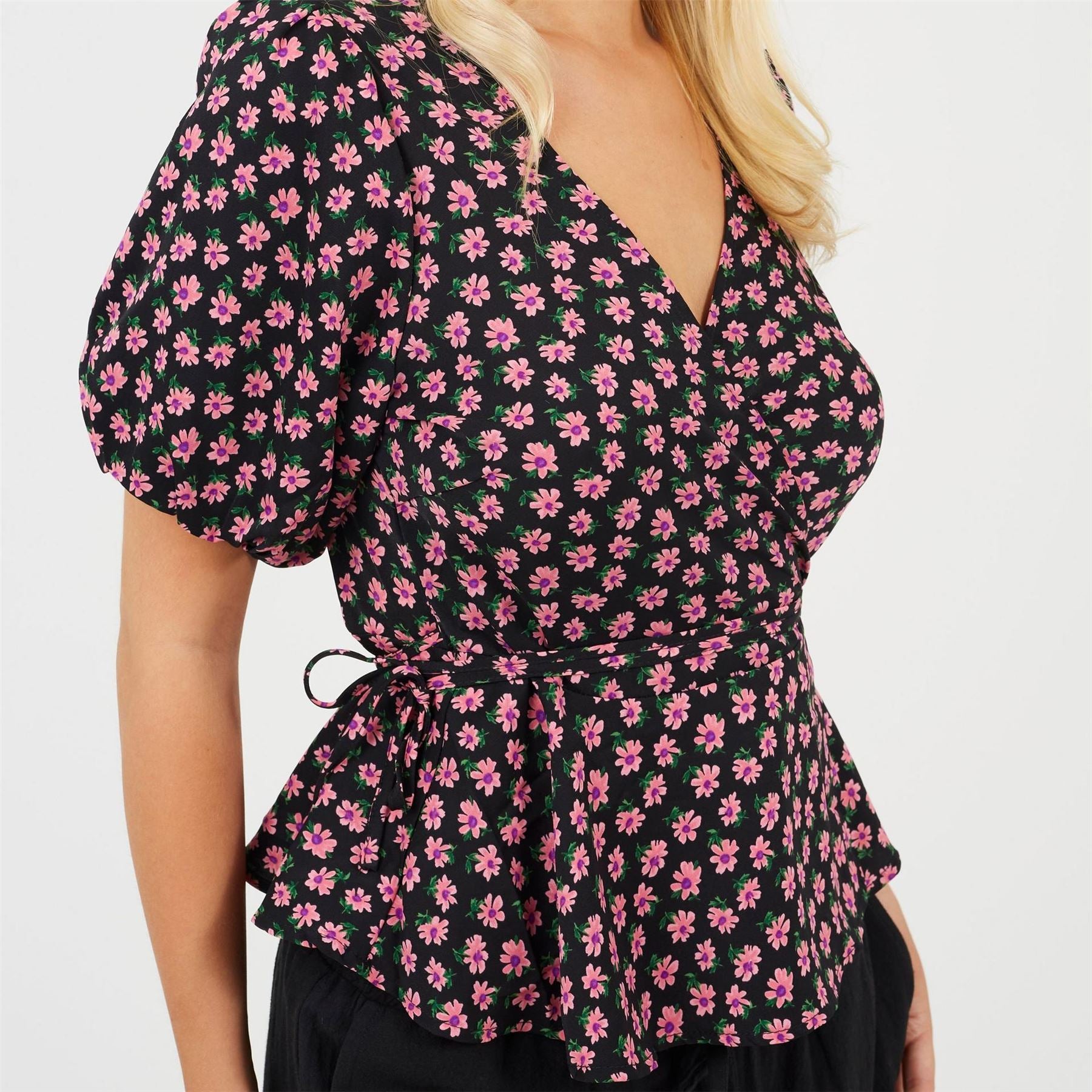 Brave Soul V-Neck Puff Sleeve Wrap Blouse