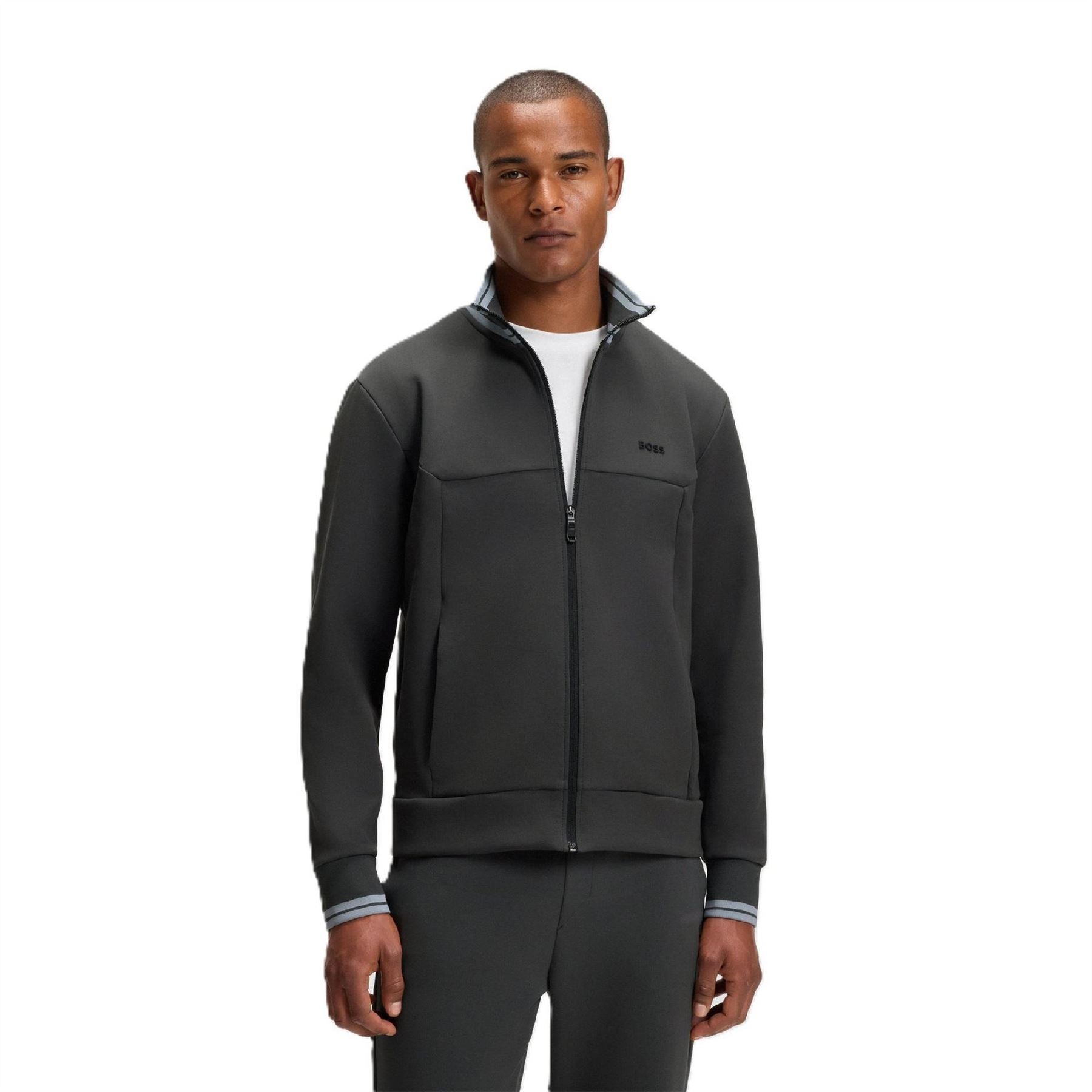 Boss Horizontal Stripe Patterned Zipped Pocket Ribbed Cuff Track Jacket