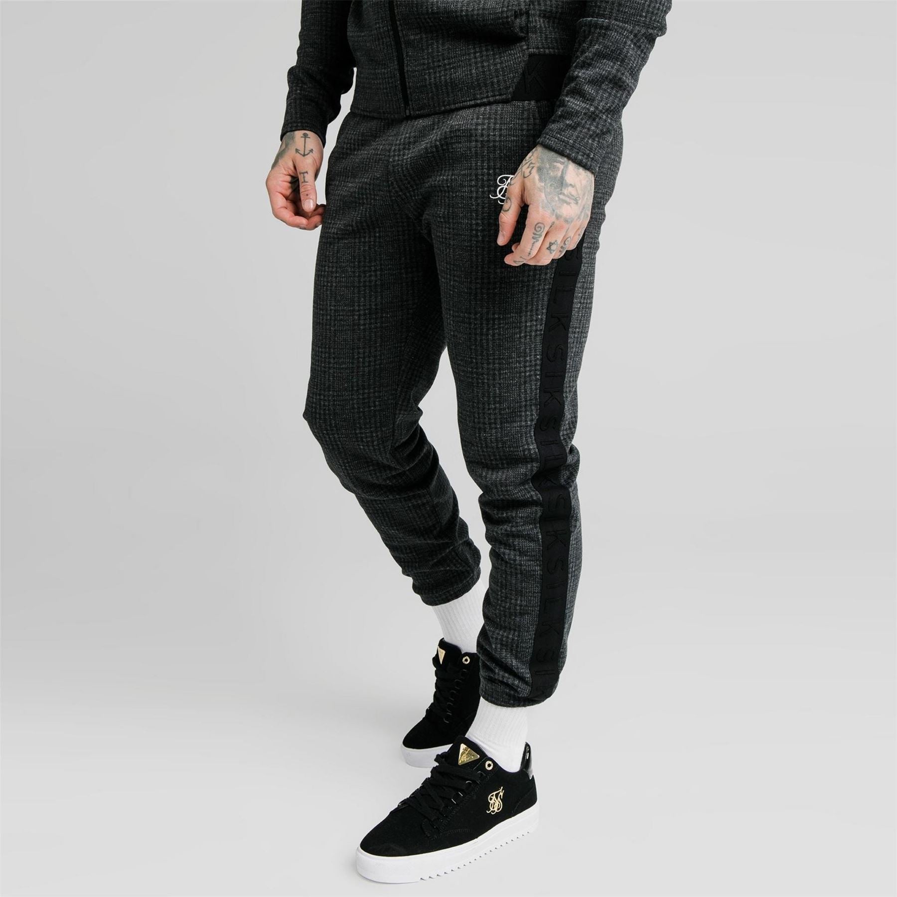 SikSilk Tonal Check Closed Hem Fleece Joggers