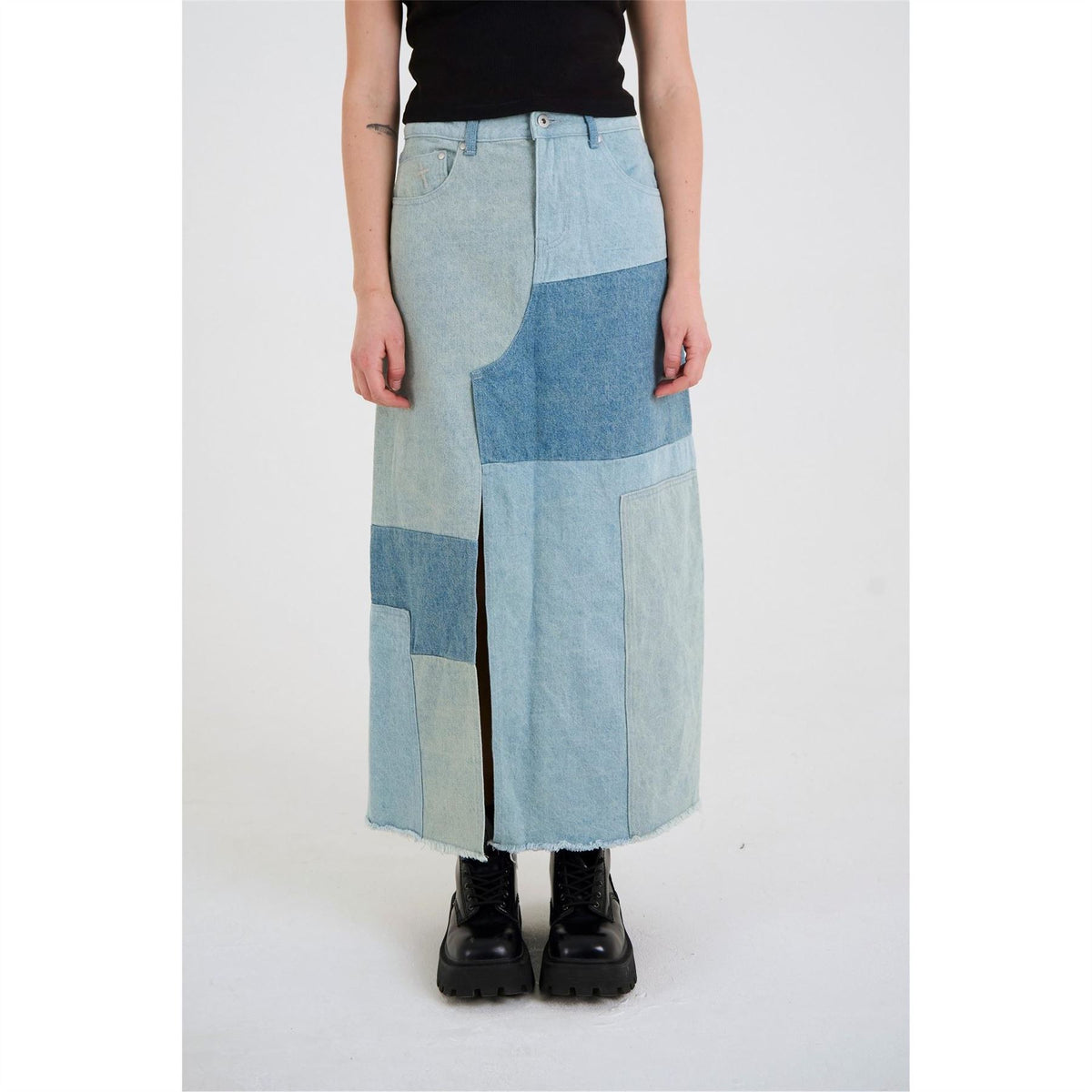 The Ragged Priest Patchwork Maxi Denim Skirt