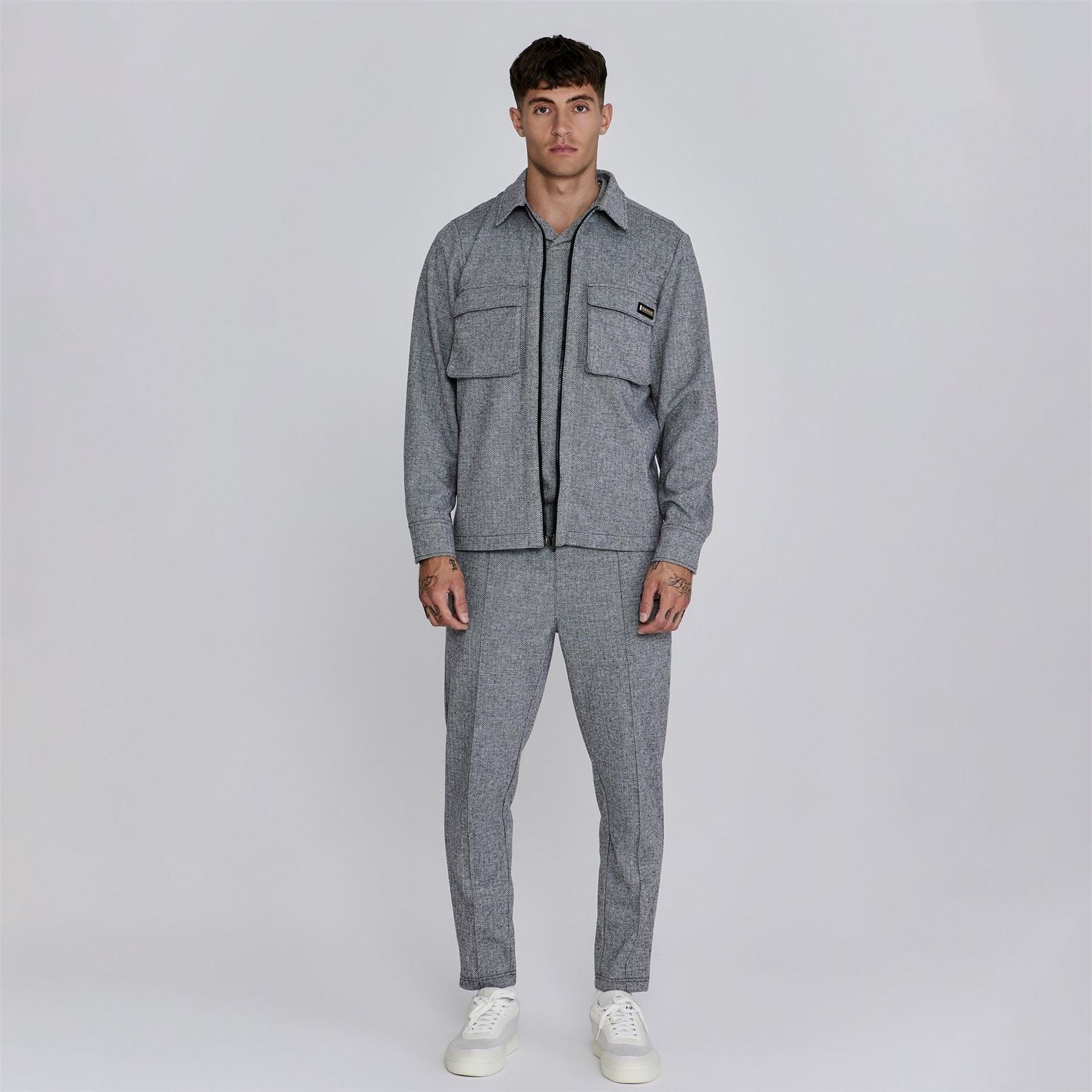 SikSilk Herringbone Snap Button Overshirt with Chest Pocket