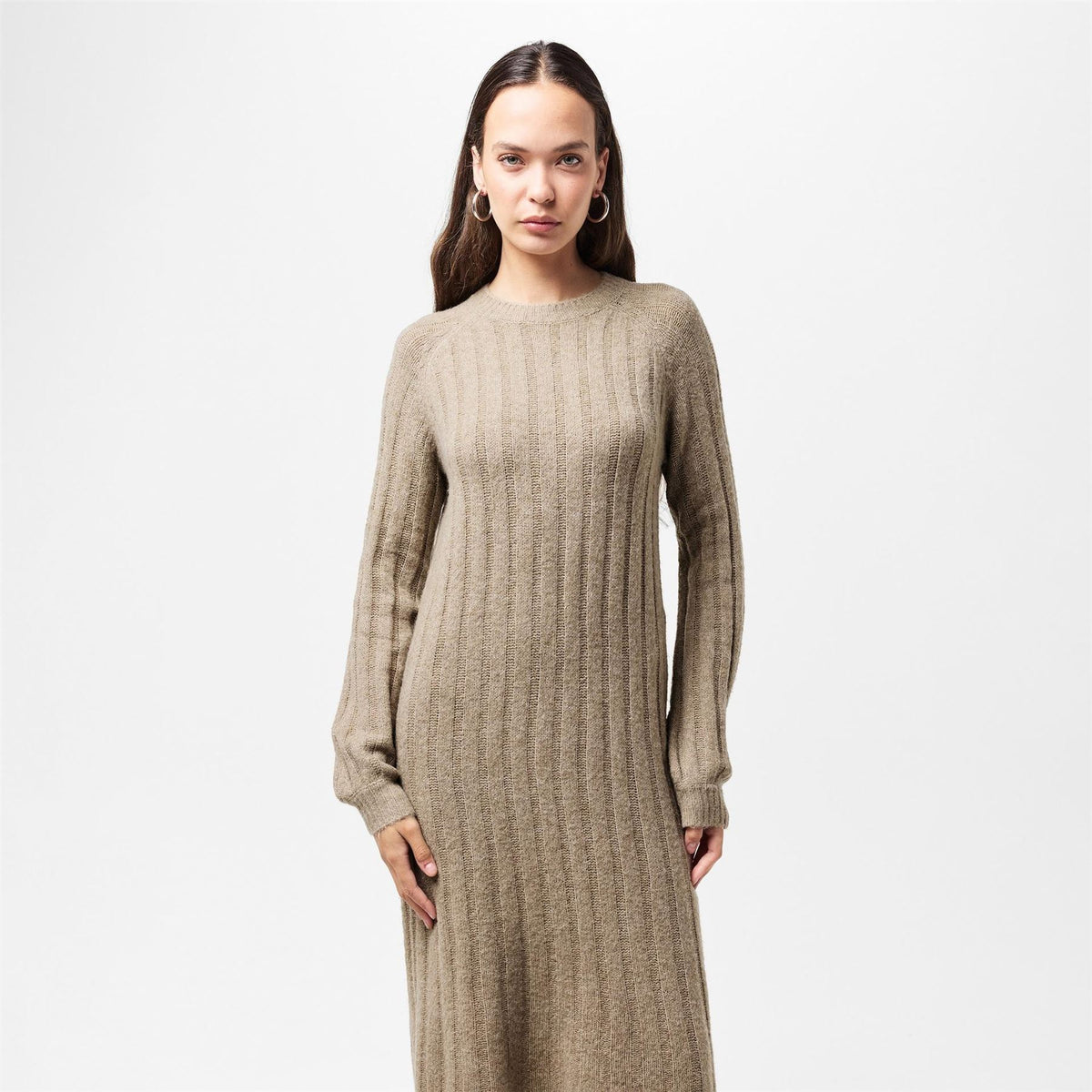 Pieces Knit Crew Neck Ribbed Cuff Midi Sweater Dress