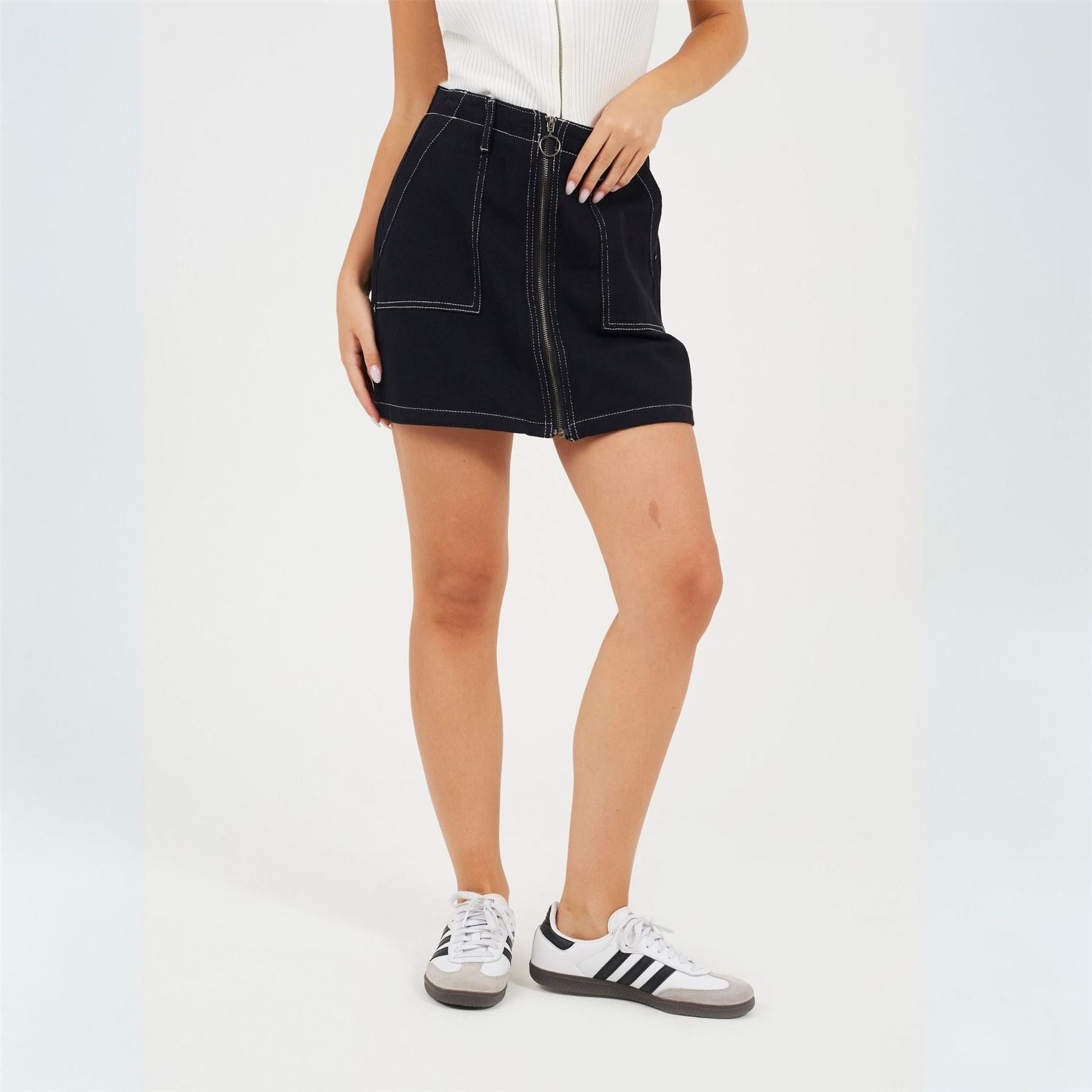 Brave Soul Womens Contrast Stitch Denim Skirt With Front Zip
