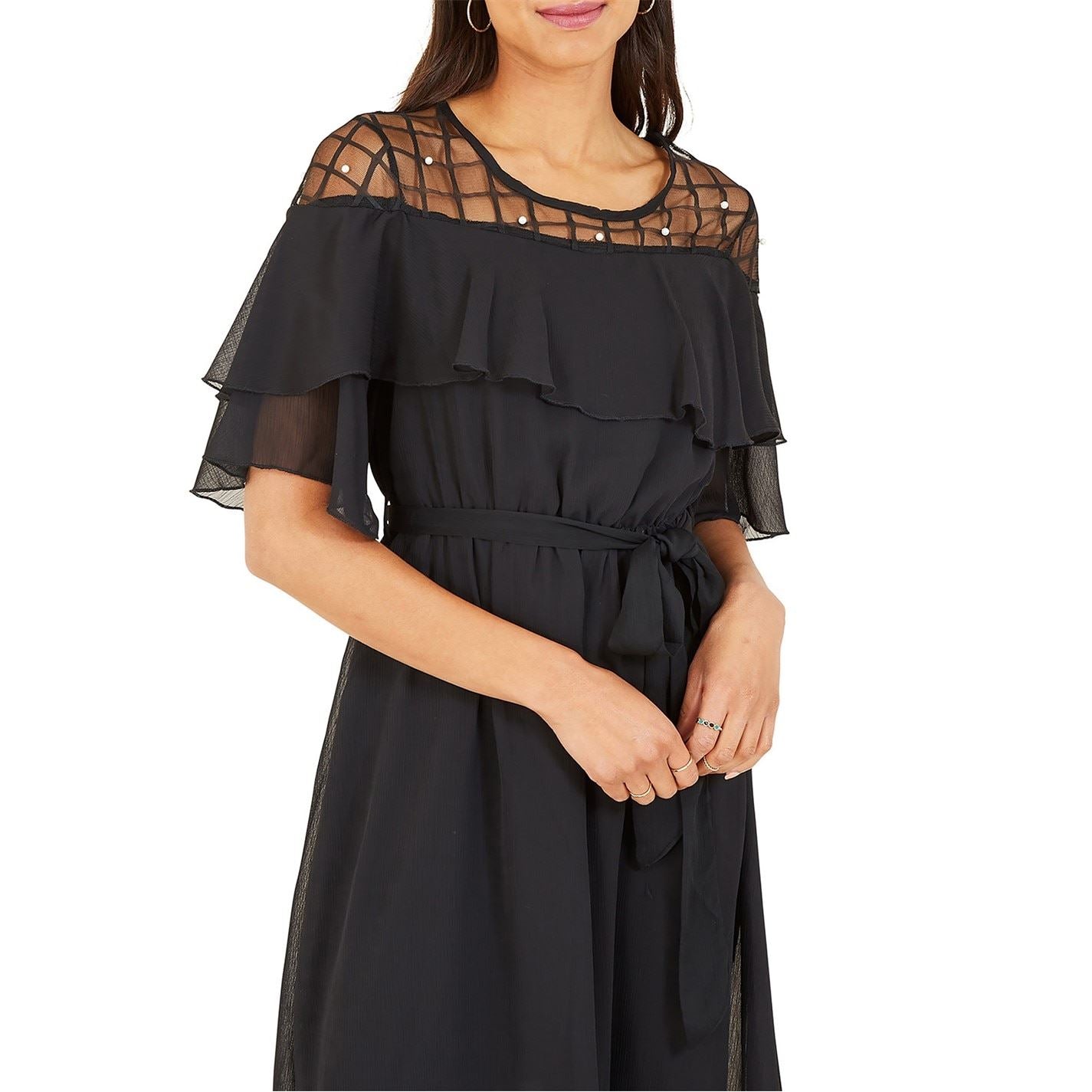 Yumi Frill Midi Dress In Black