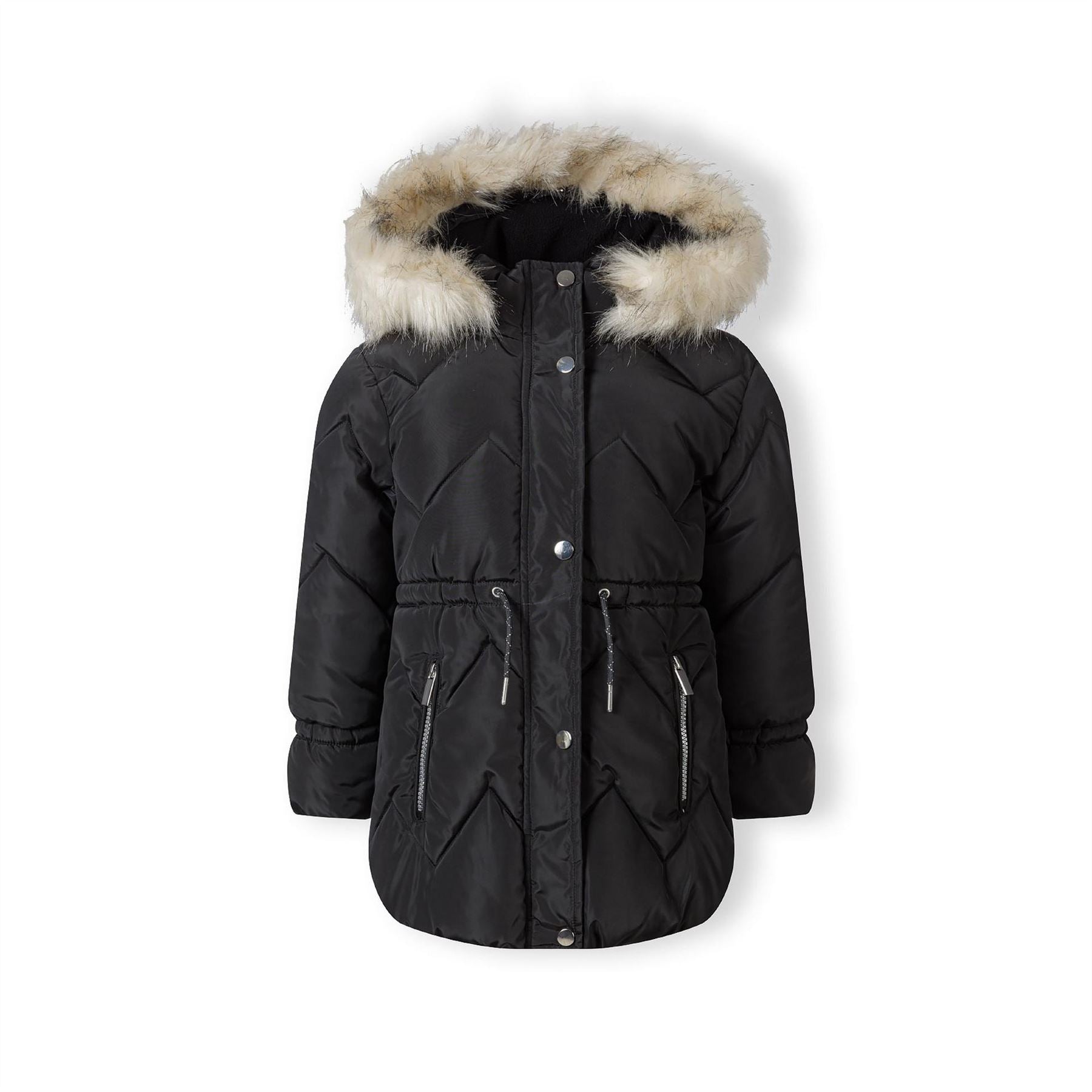 Minoti Girls Mid Length Quilted Winter Jacket Faux Fur Hood Black