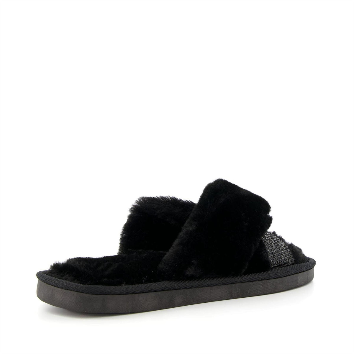 Dune London Diamante Cross Strap Faux Fur Slippers