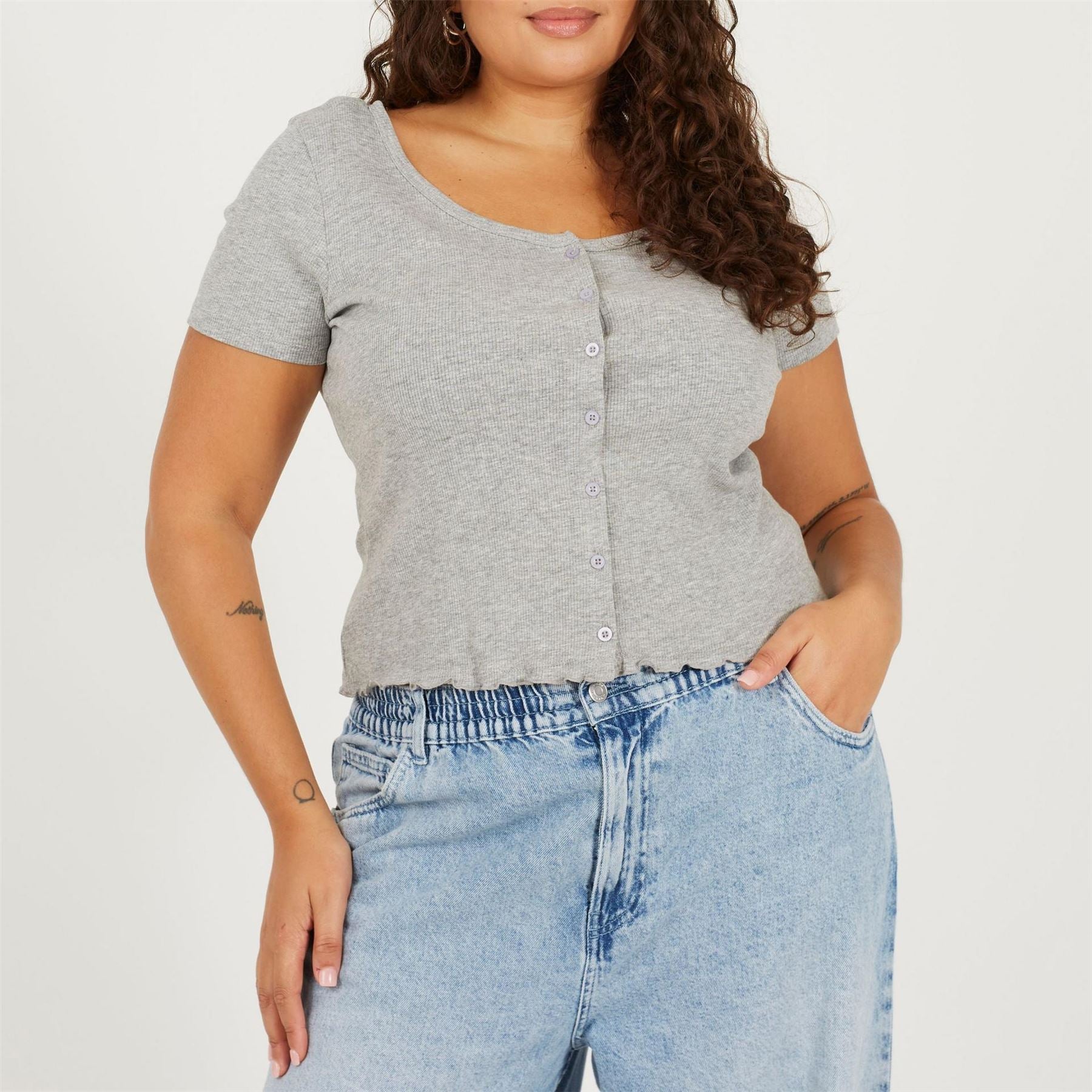 Brave Soul Plus Size Button Through Short Sleeve Top With Lettuce Hem