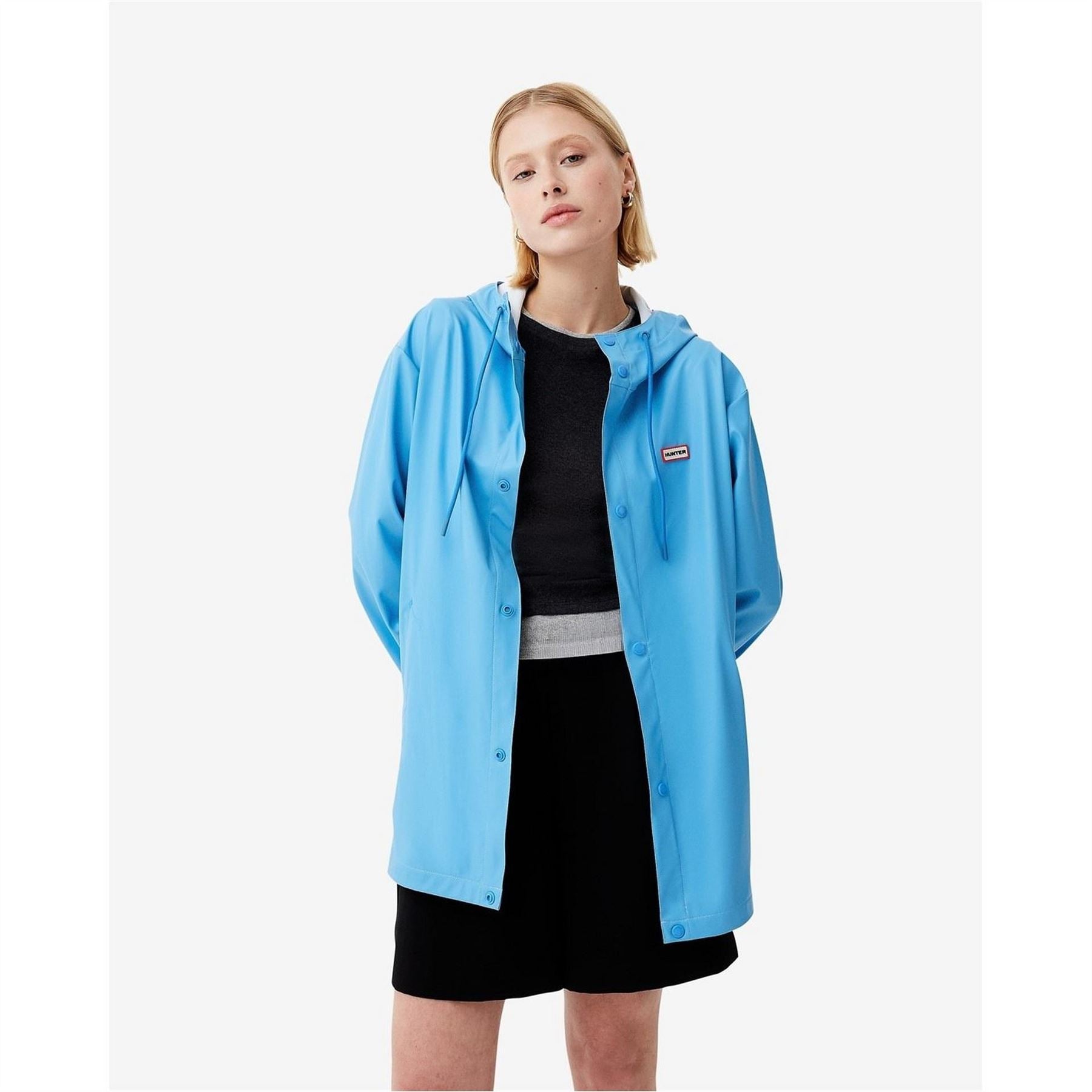 Hunter Solid Patterned Hooded Snap Button Rain Jacket