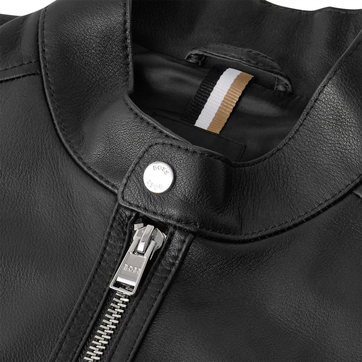 Boss Solid Patterned Mock Neck Band Collared Zipped Pocket Jacket