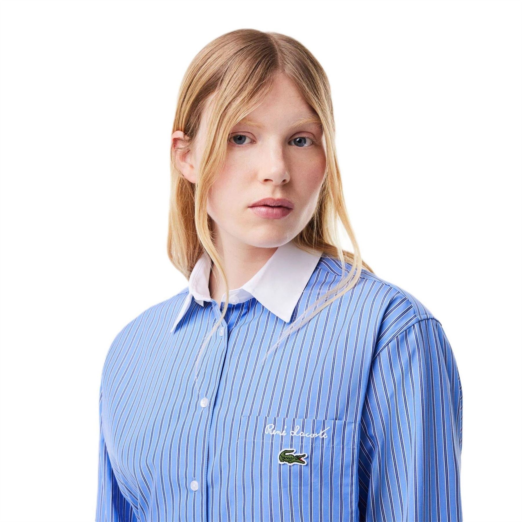 Lacoste Strip Poplin Collared Neck Knee Length Dress