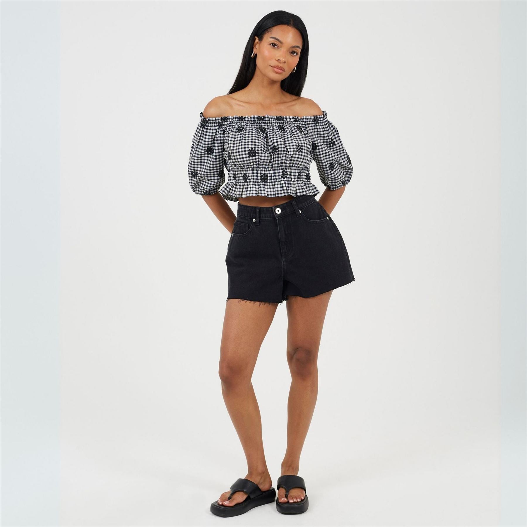 Brave Soul Womens Puff Sleeve Broderie Anglaise Top In Gingham