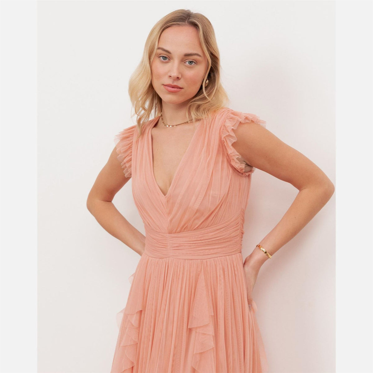 Anaya With Love With Love Recycled Peach V Neck Midaxi Dress With Waterfall Ruffle Detail