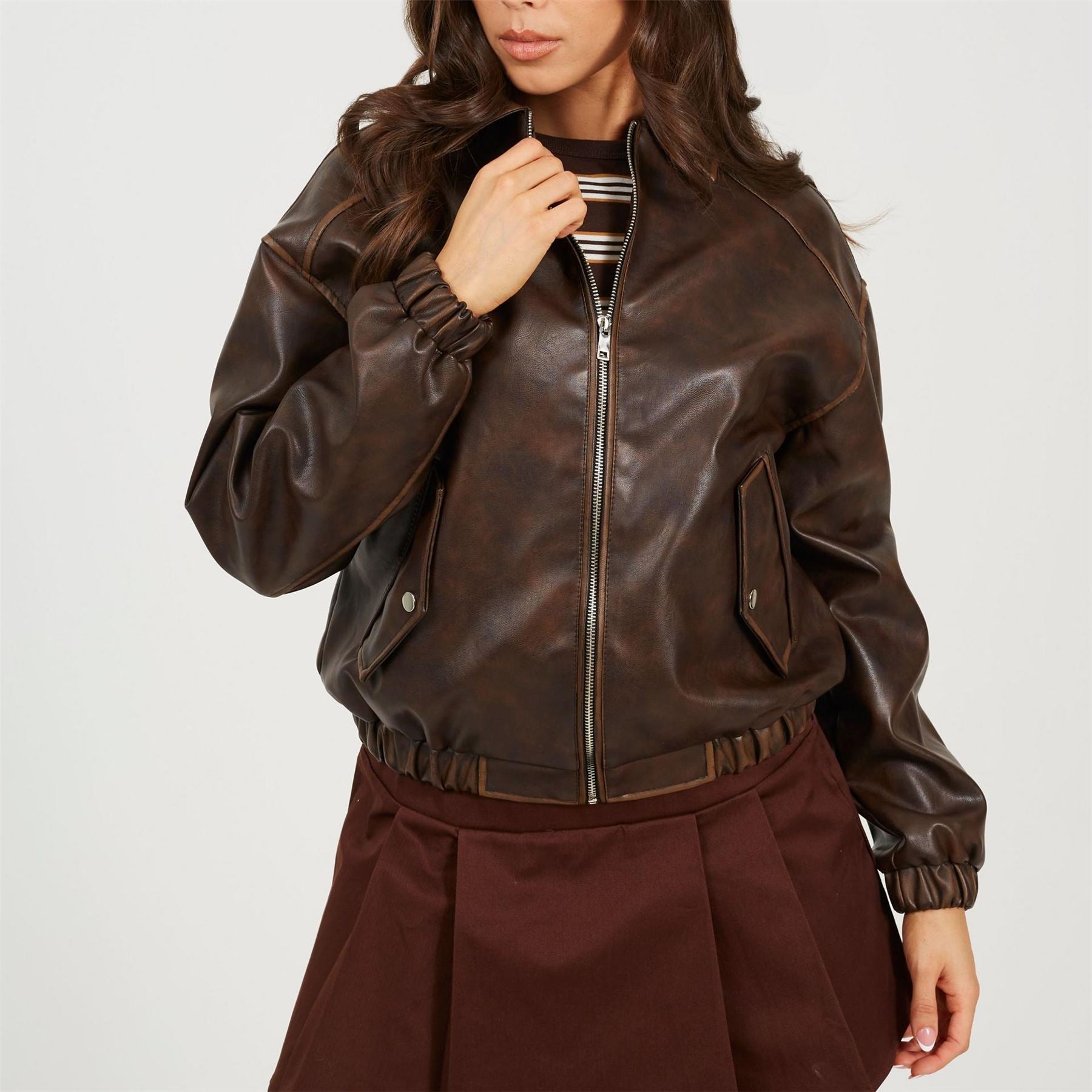 Brave Soul Womens Vintage Finish Faux Leather Bomber With Collar