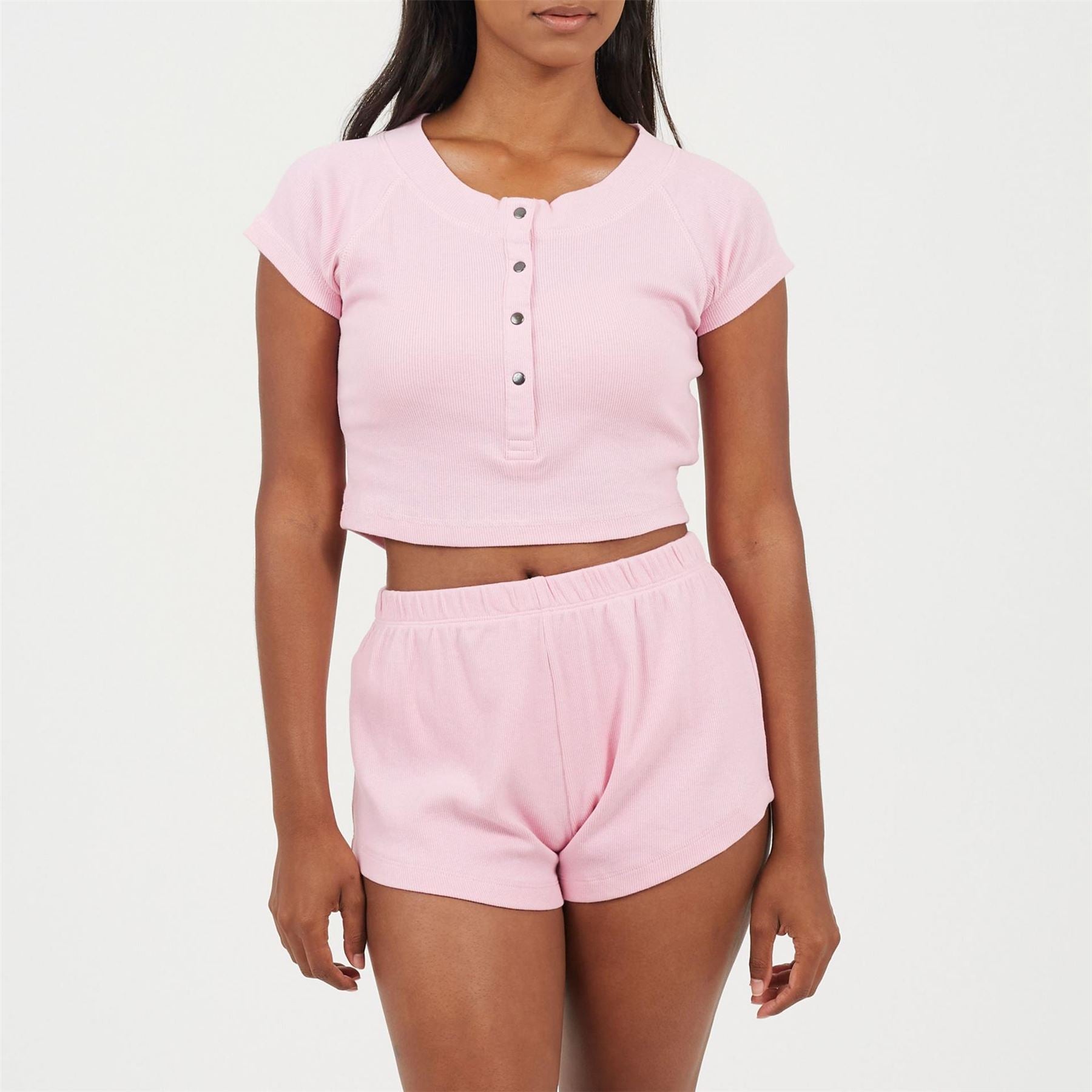 Brave Soul Womens Lounge Set With Henley Cropped Tee  And  Matching Shorts