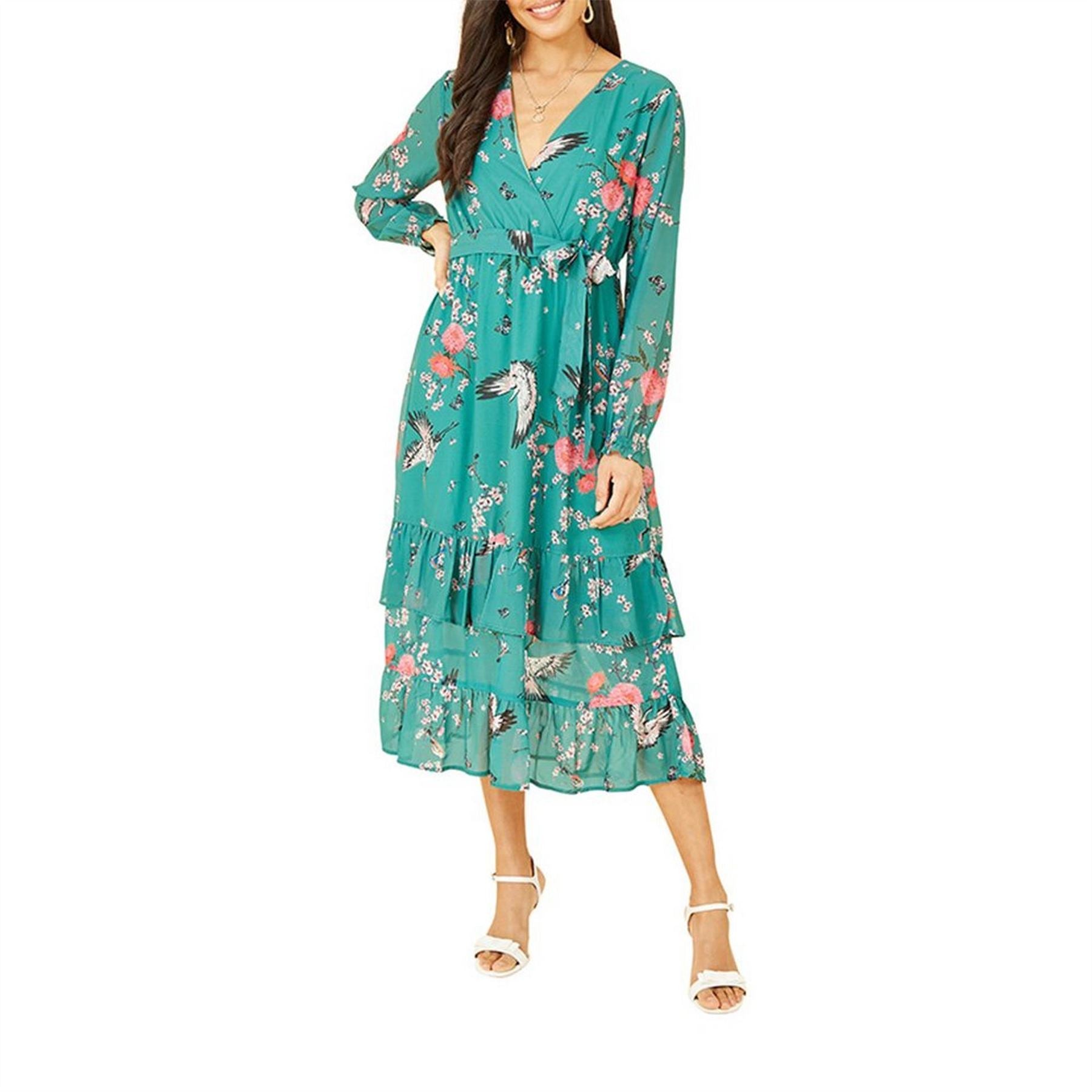 Yumi Crane Print V-Neck Midi Wrap Dress