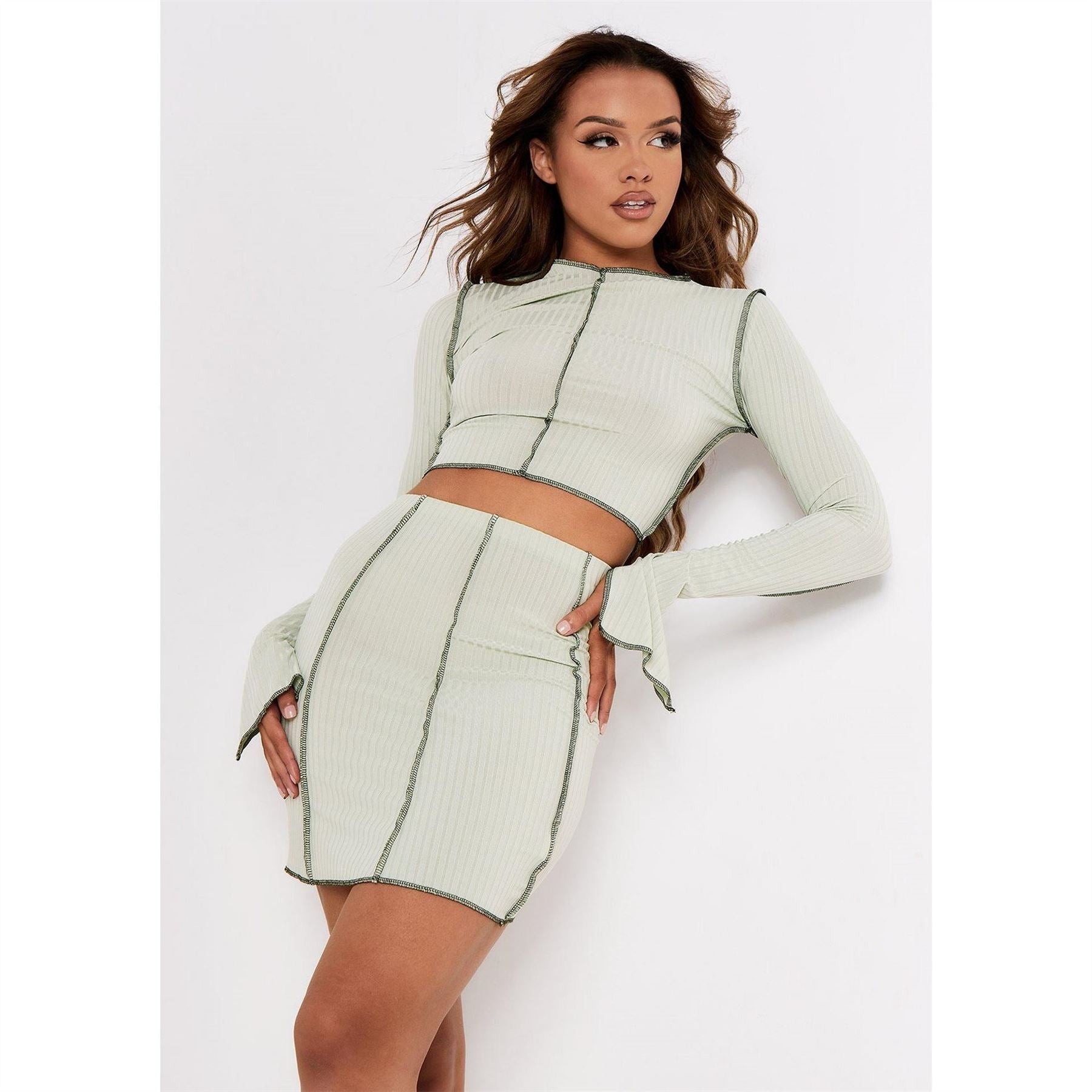 Missy Empire Stitch Slit Sleeve Ribbed Crop Top