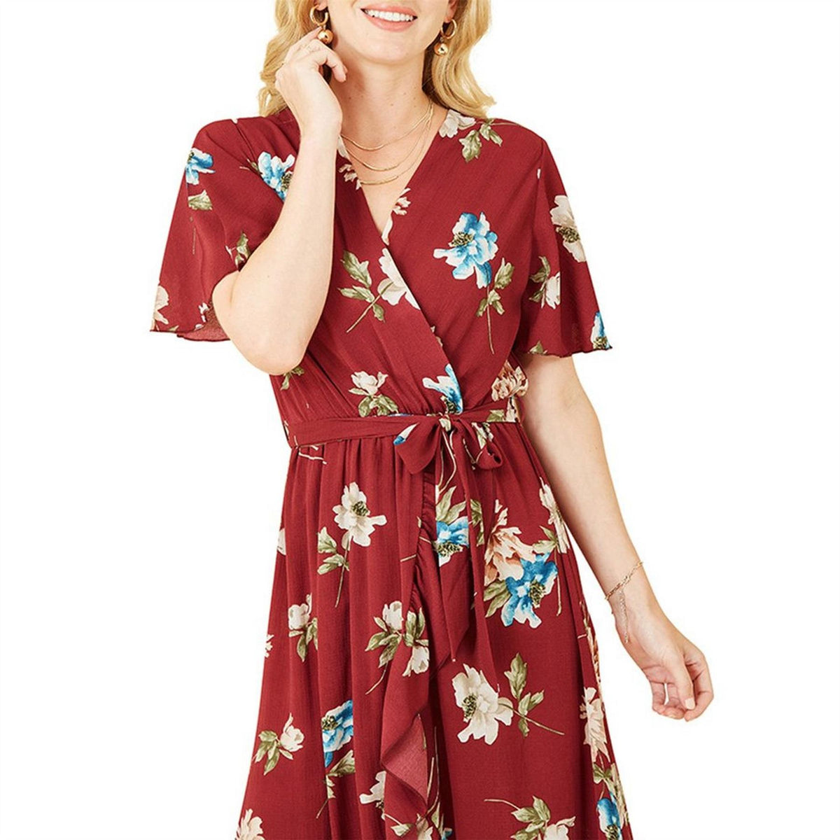 Mela London Red Floral Dip Hem Midi Wrap Dress