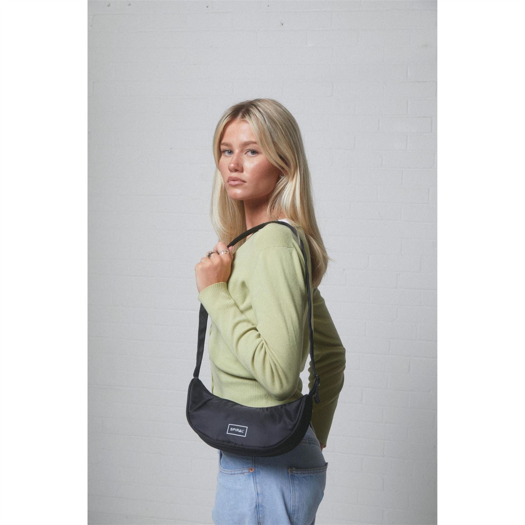 Spiral Cali Crescent Shape Cross Body Bag with Logo Patch