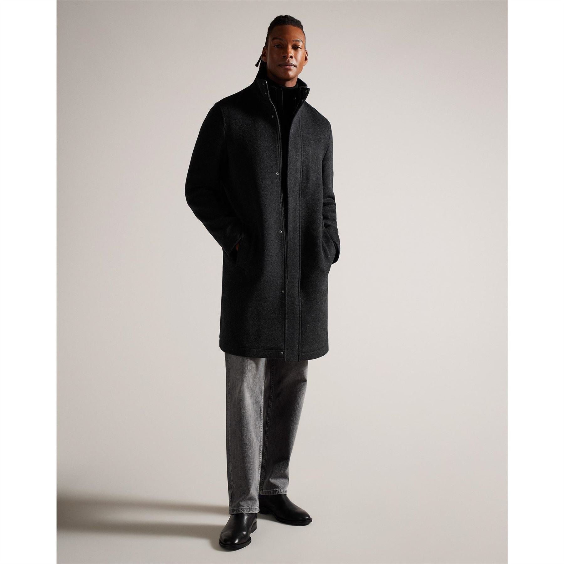 Ted Baker Solid Patterned Snap Button High Neck Overcoat
