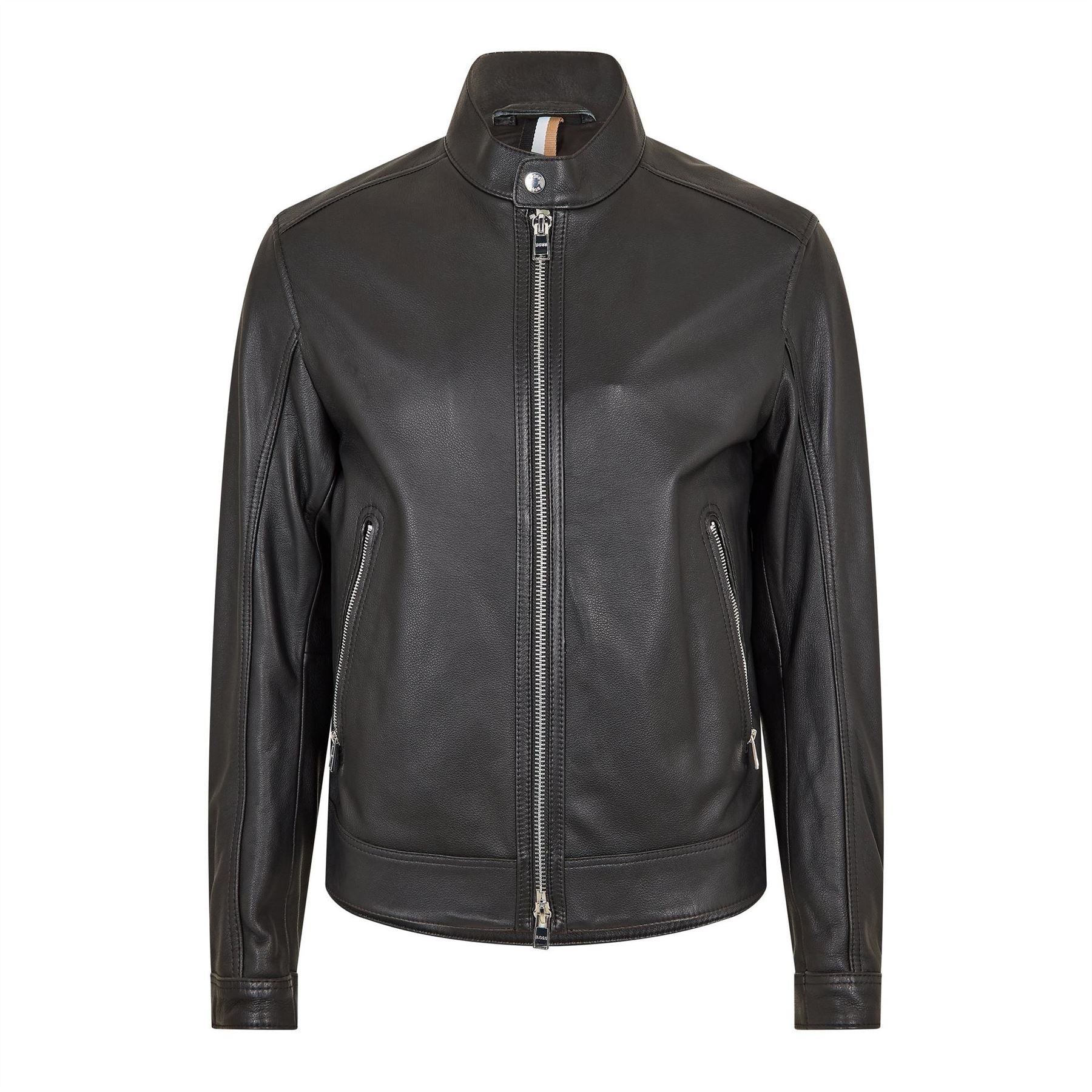 Boss Solid Patterned Mock Neck Band Collared Zipped Pocket Jacket