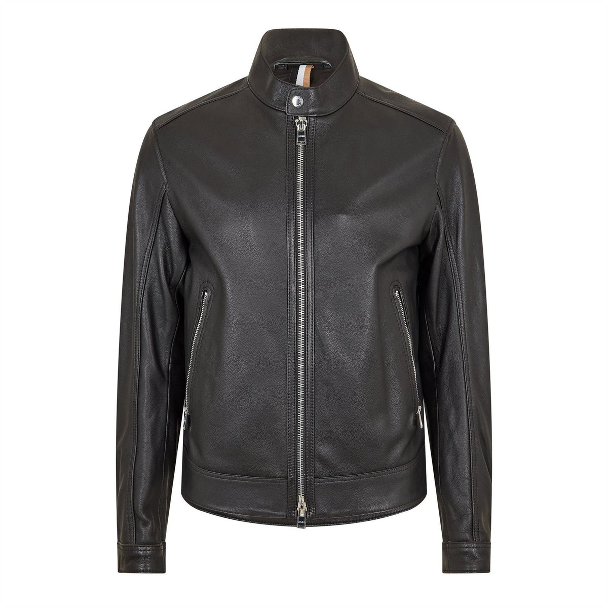 Boss Solid Patterned Mock Neck Band Collared Zipped Pocket Jacket