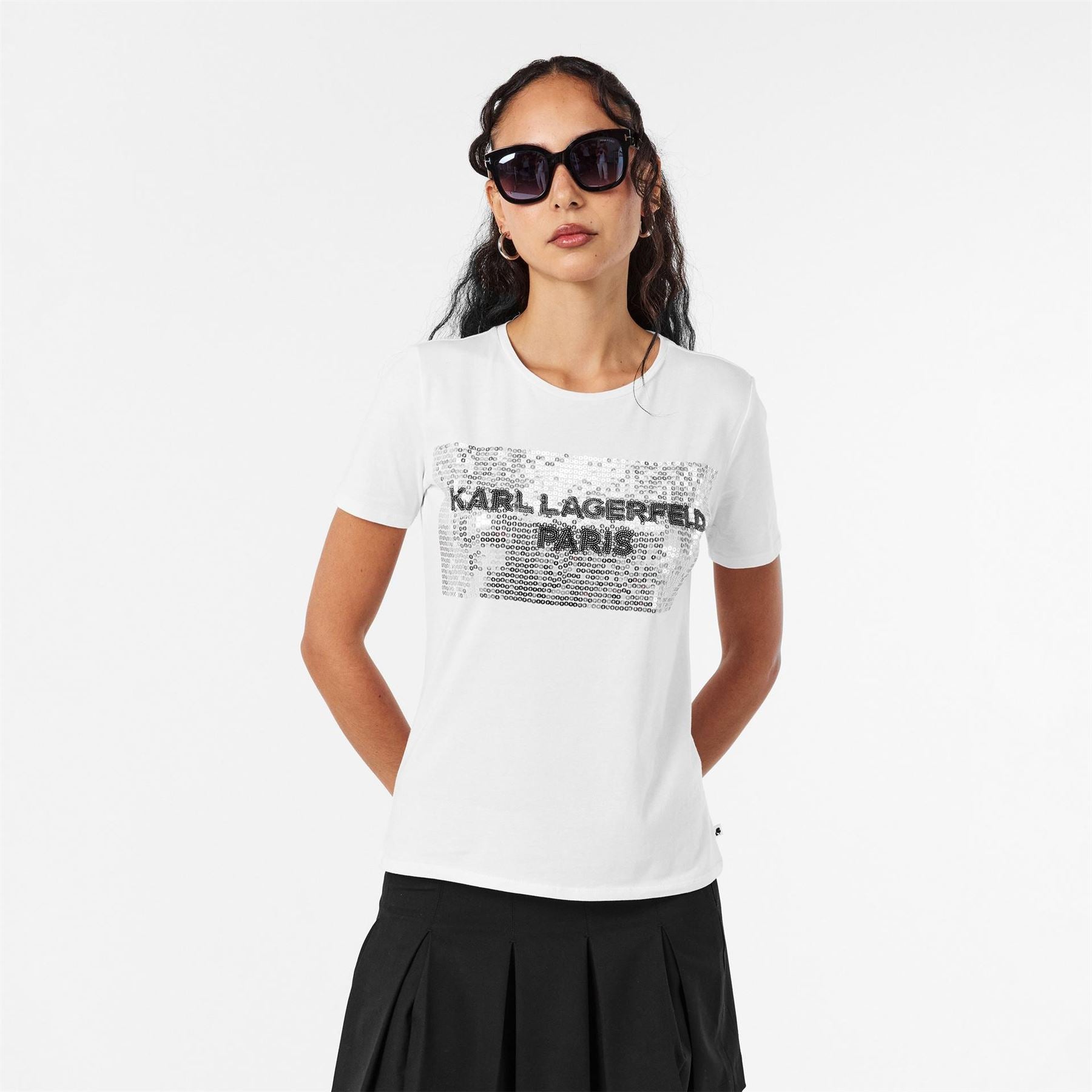 Karl Lagerfeld Sequin Lettering Crew Neck Short Sleeve T-Shirt