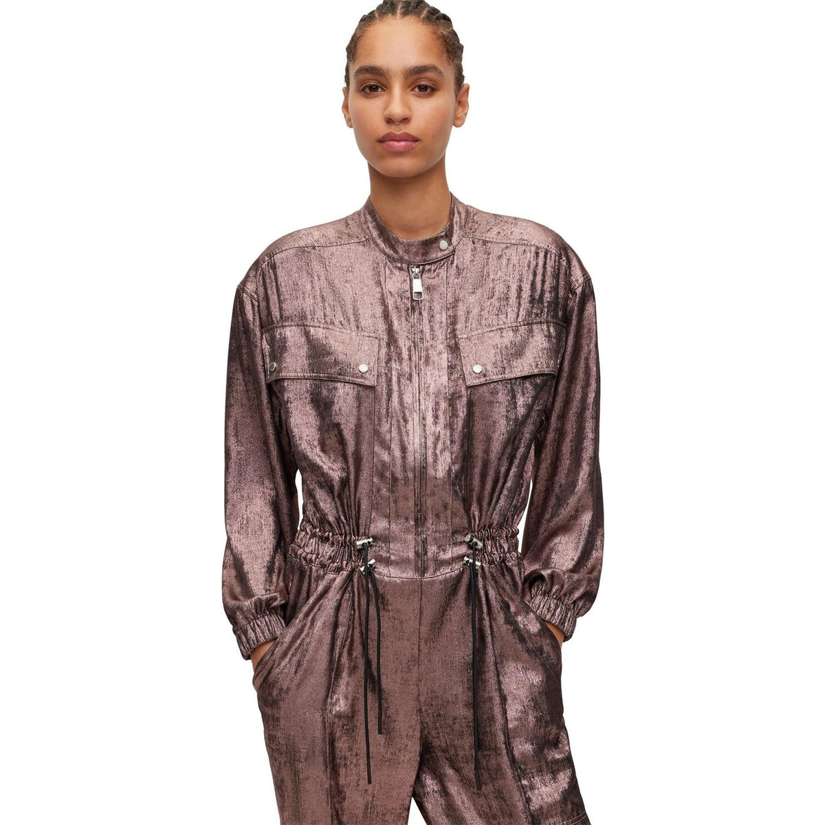 Boss Funnel Neck Long Sleeve Metallic Patterned Jumpsuit