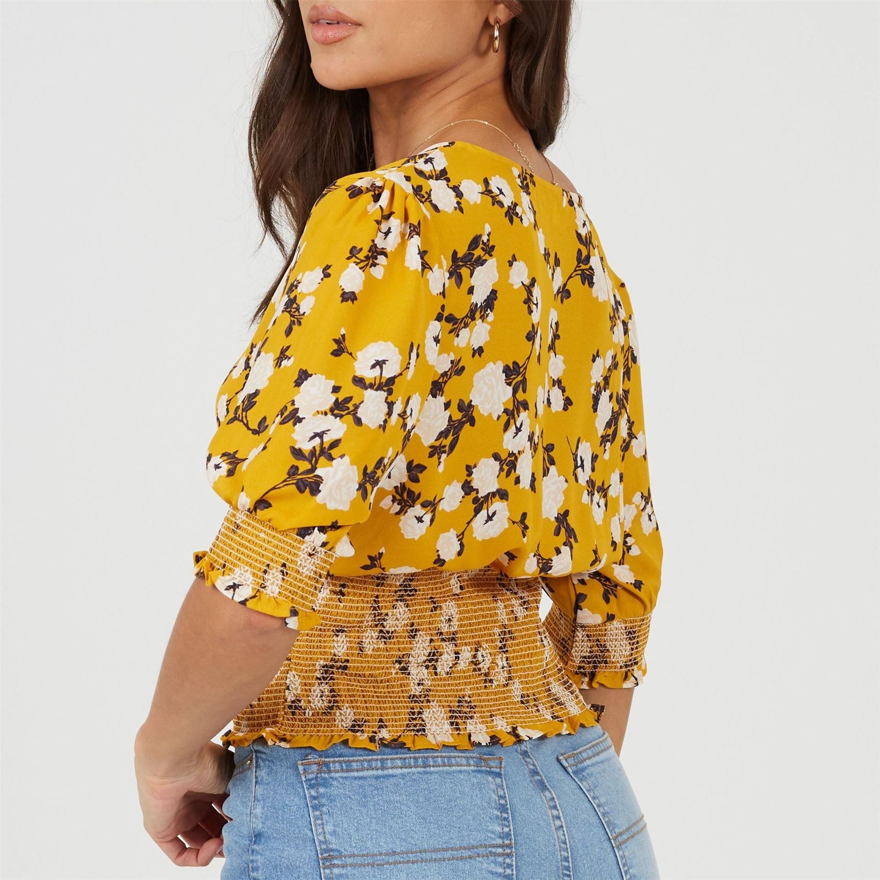 Brave Soul V-Neck Three-Quarter Puff Sleeve Peasant Blouse