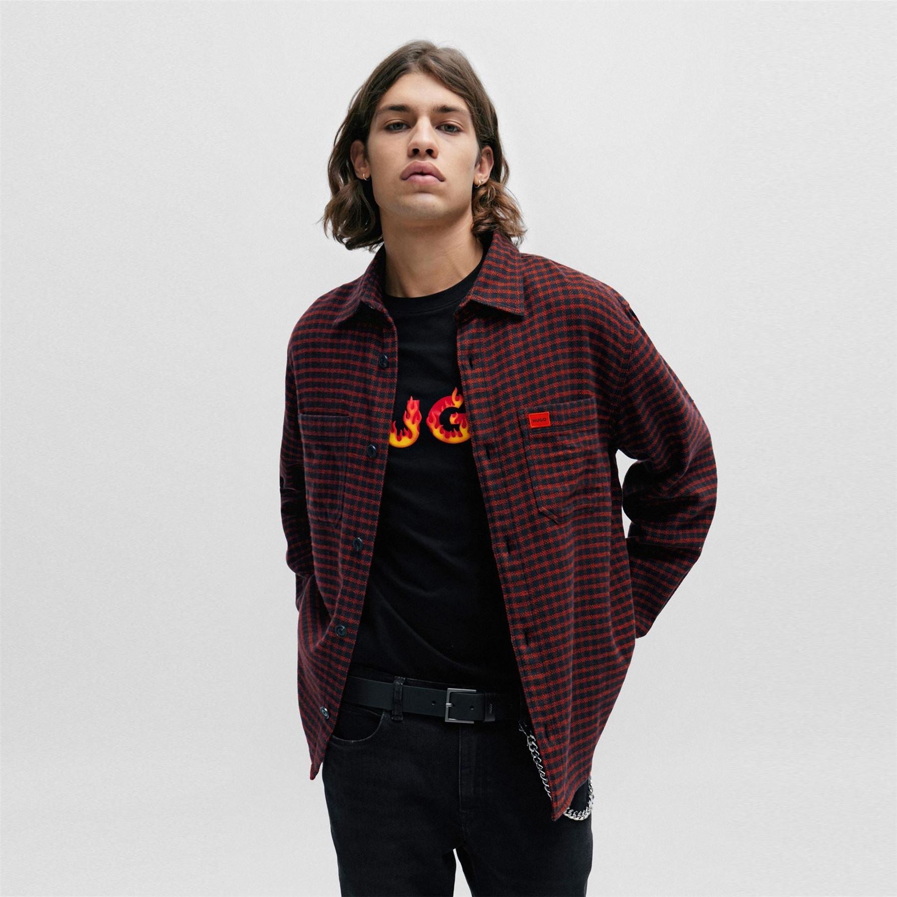 Hugo  Oversized Checked Flannel Cotton Long Sleeve Overshirt