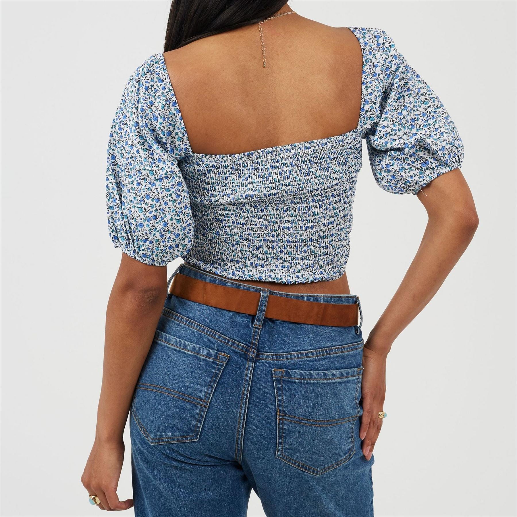 Brave Soul Womens Cropped Puff Sleeve Top With Shirred Body