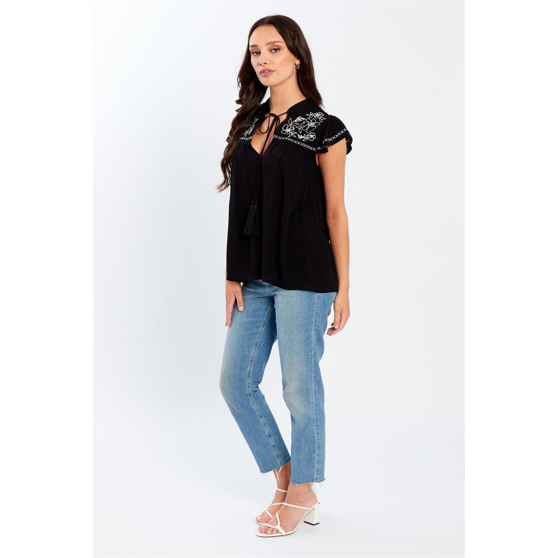 Be You Embroidered Keyhole Neck Relaxed Fit Blouse