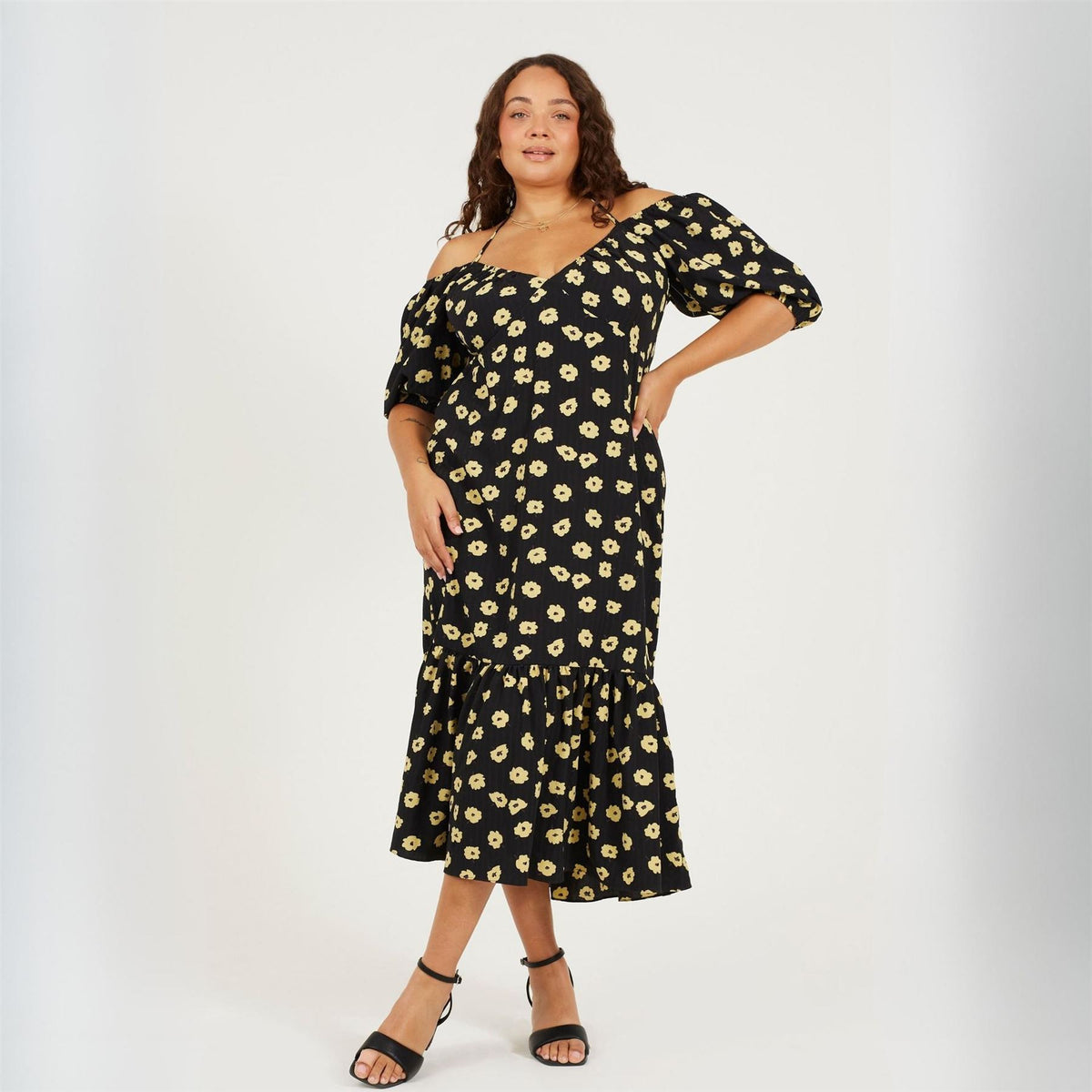 Brave Soul Plus Size Tiered Floral Midi Dress With Adjustable Sleeves