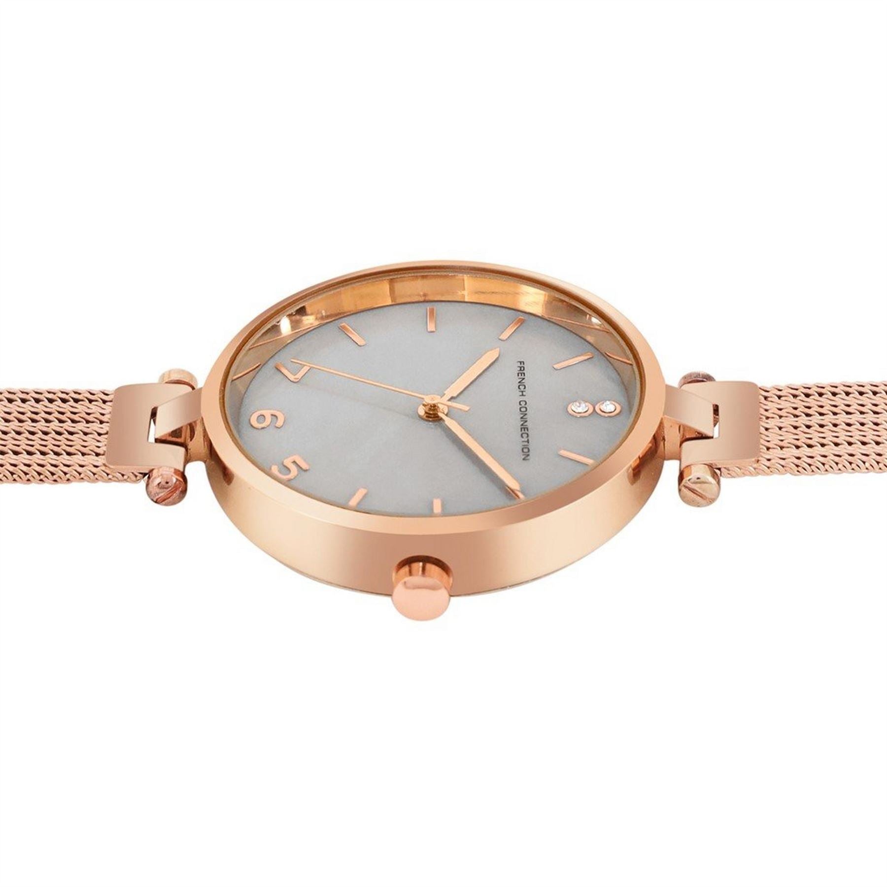 French Connection Connection Rose Case Round Shape Rose Strap Quartz Watch