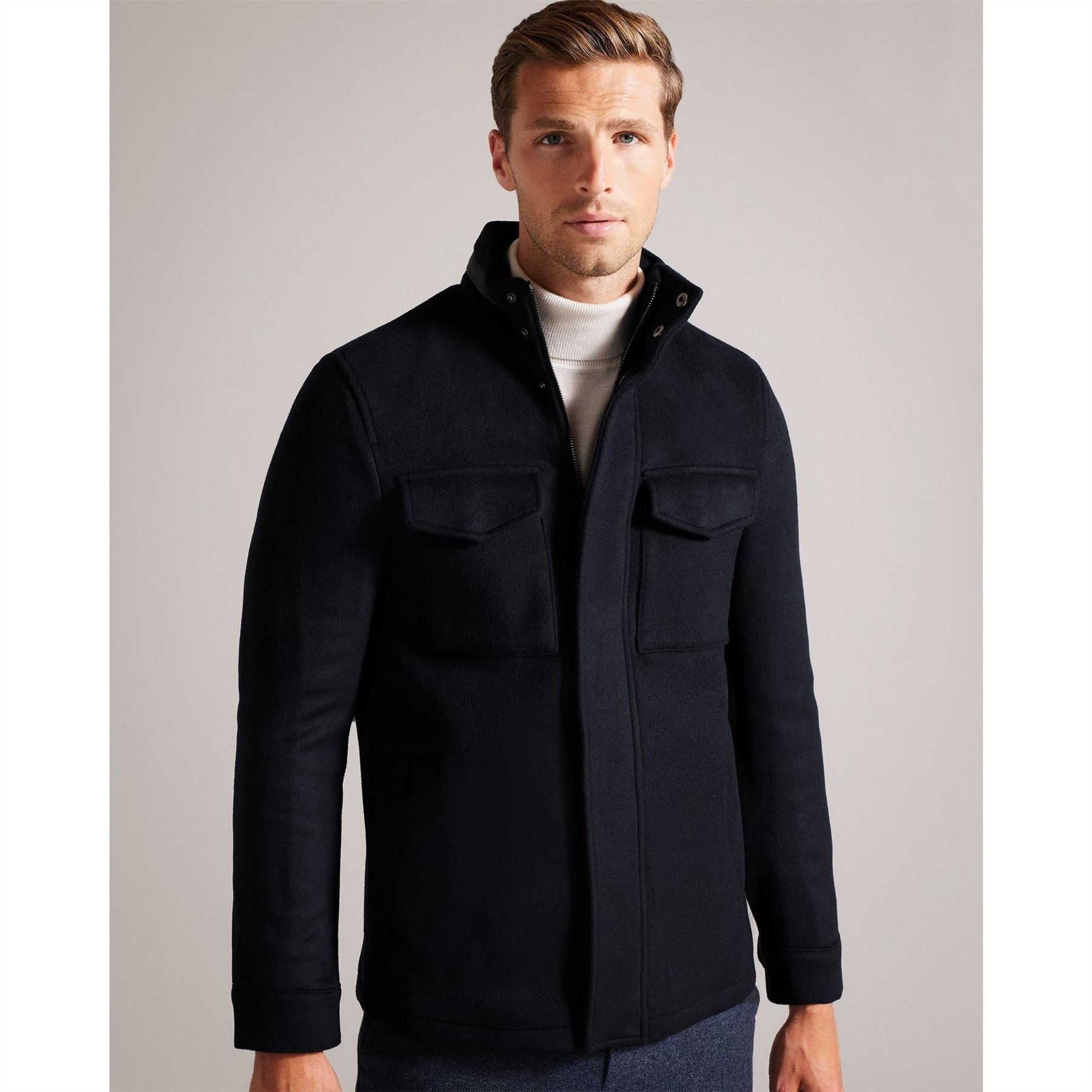 Ted Baker Solid Patterned Snap Button Flap Pocket Field Jacket