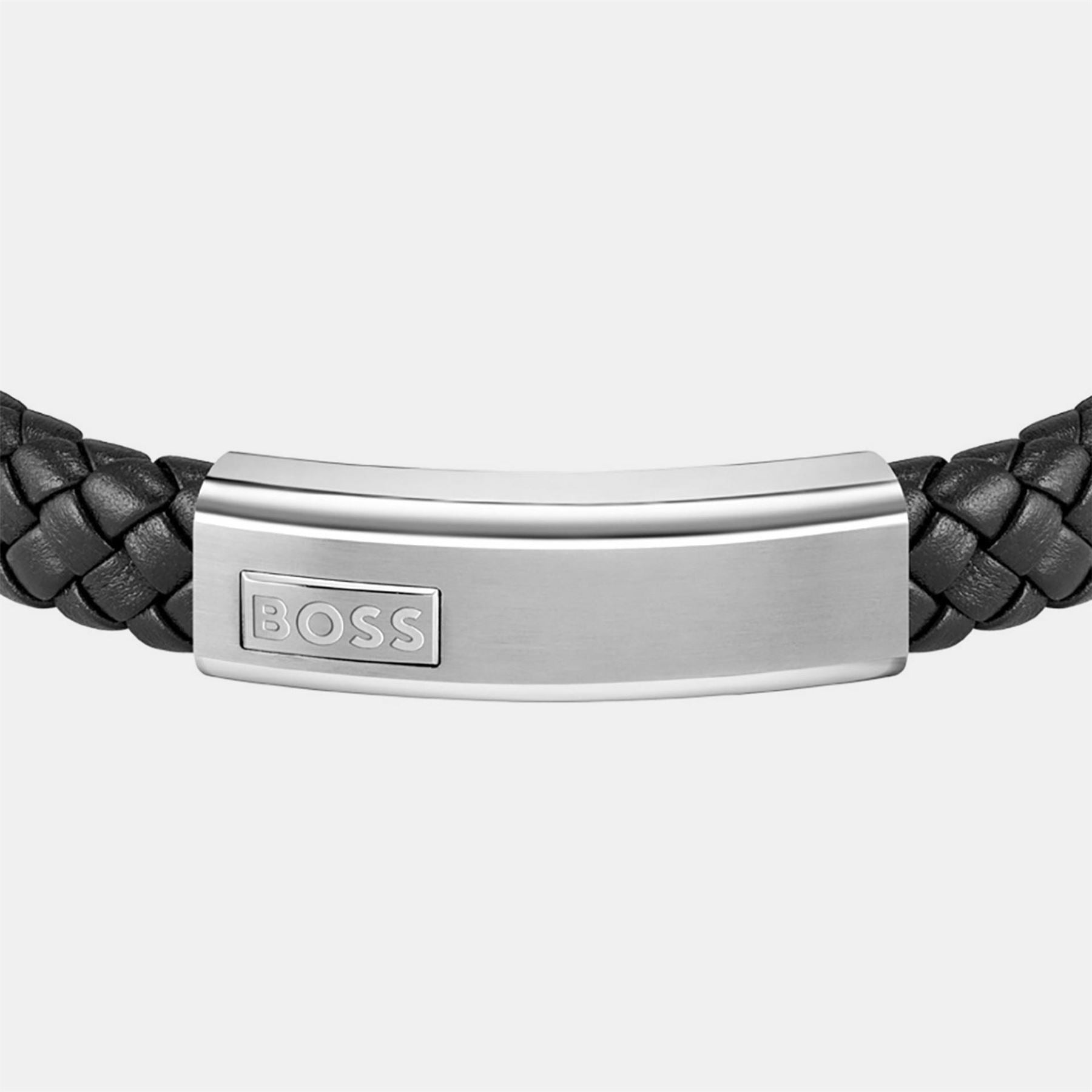 Boss Lander Woven Black Leather Bracelet