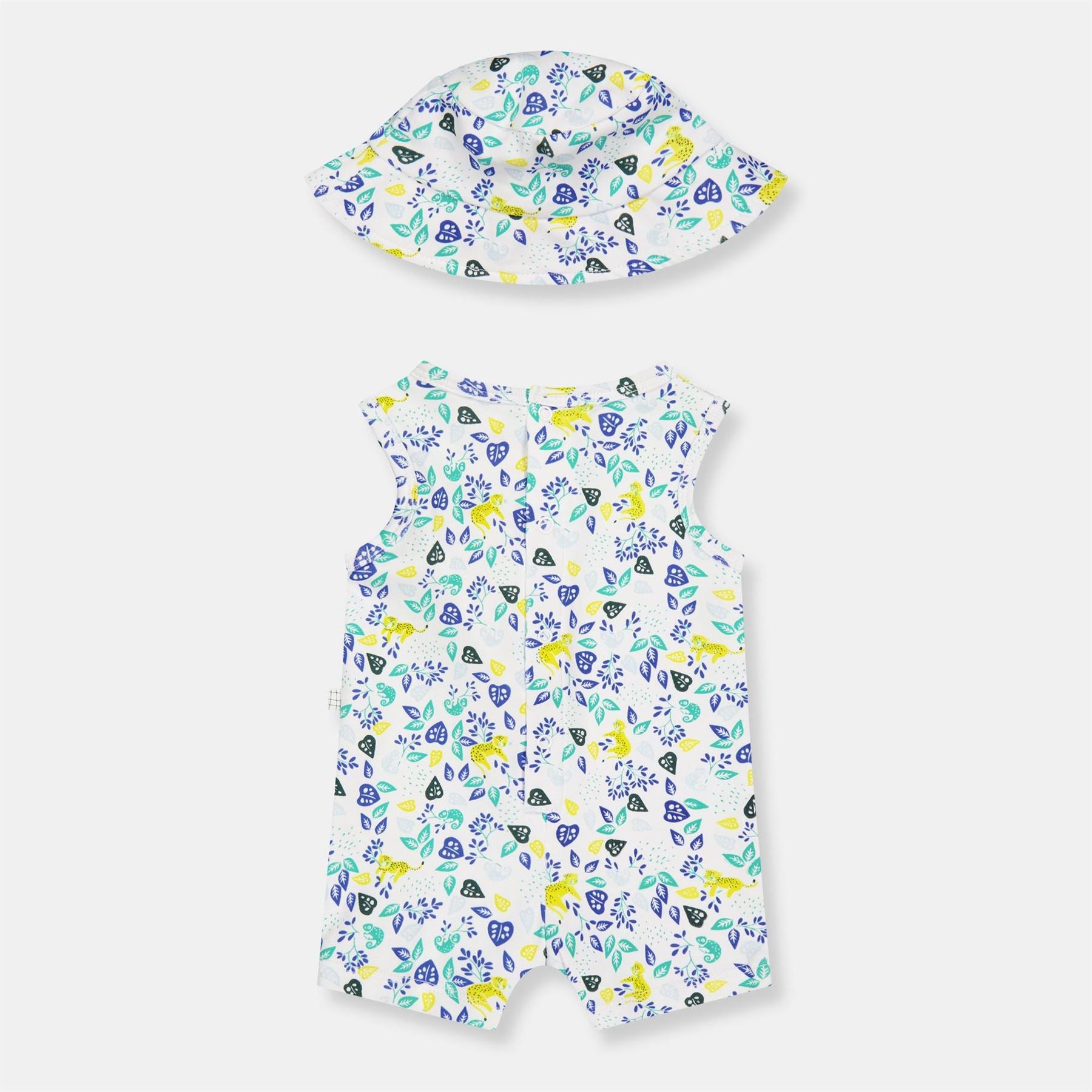 Carrement Beau Crew Neck Leave Print Sleeveless Romper with Bucket Hat