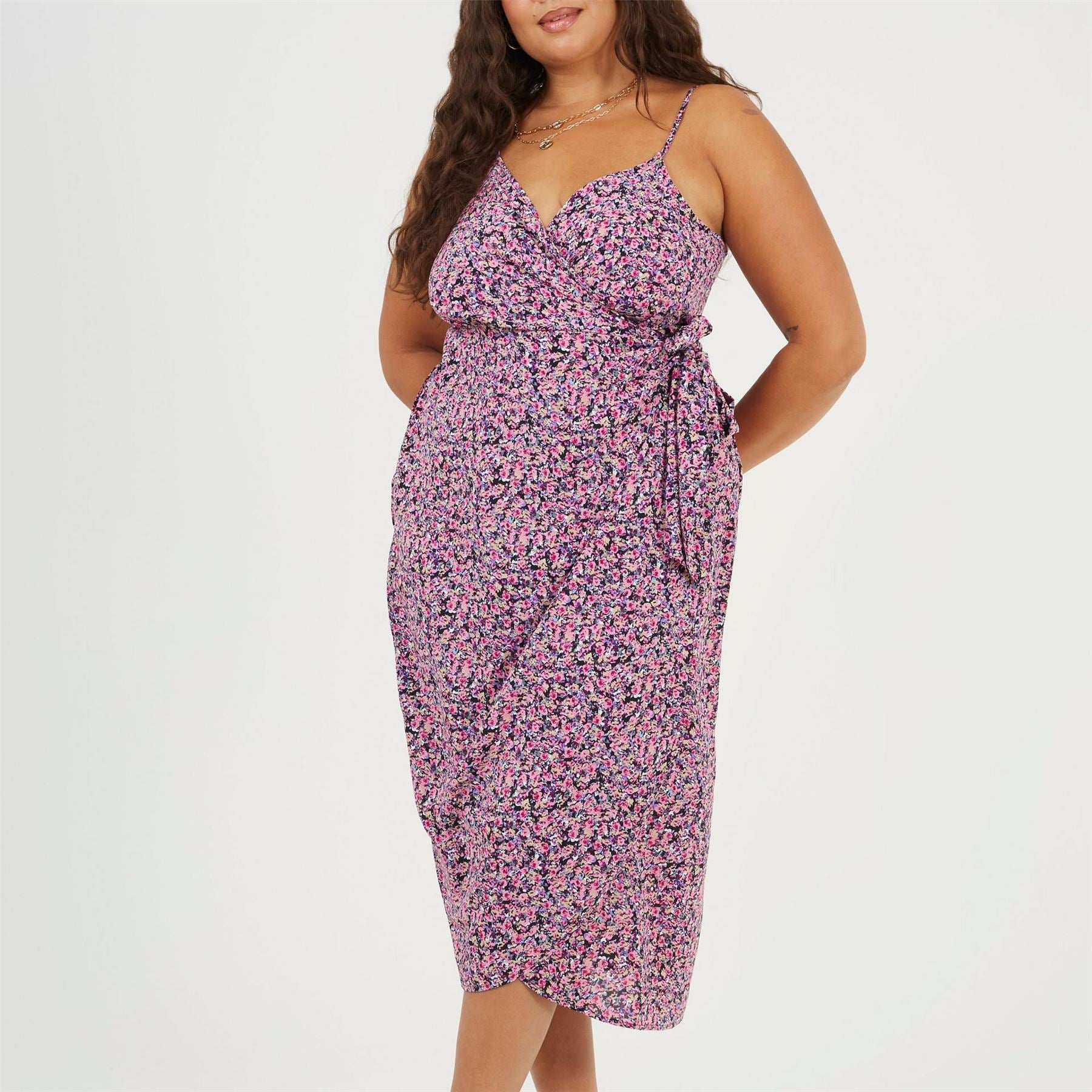 Brave Soul Plus Size Knot Front Strappy Midi Dress With Floral Print