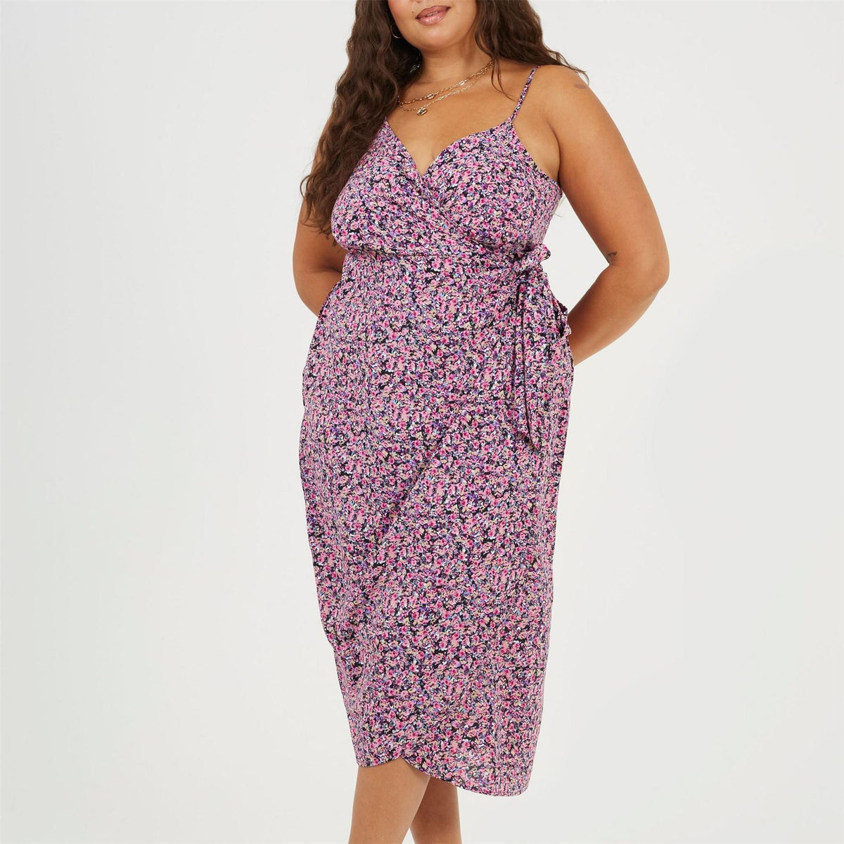 Brave Soul Plus Size Knot Front Strappy Midi Dress With Floral Print