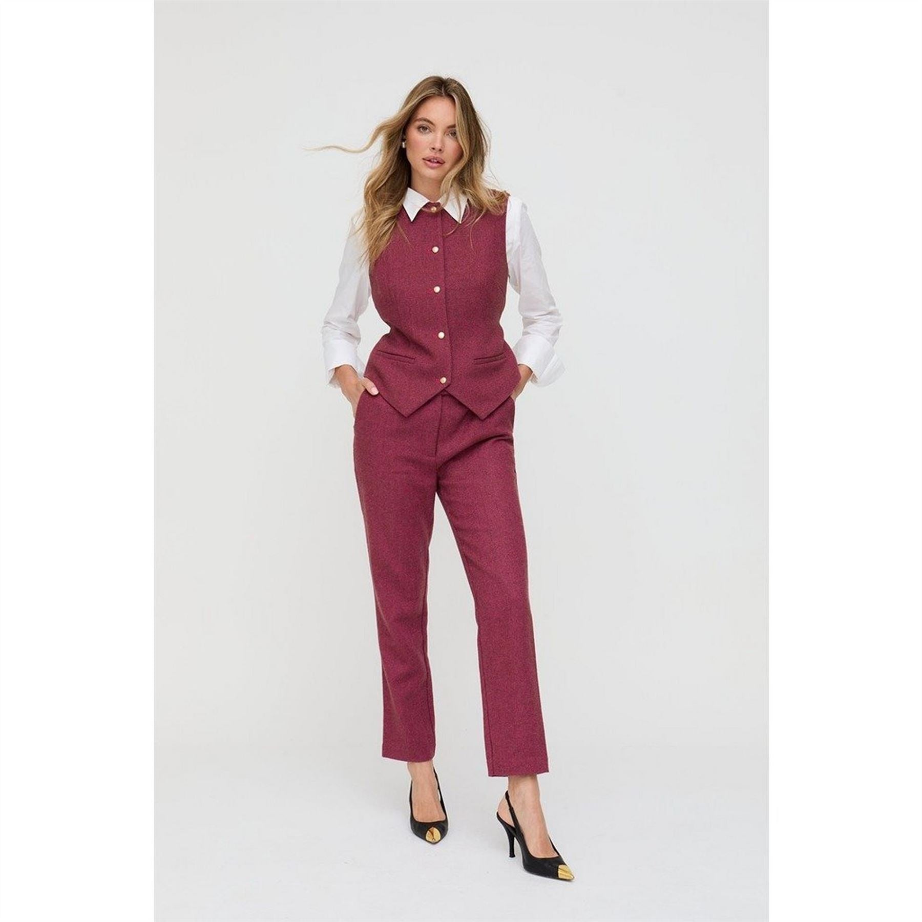 Lily and Lionel Pandora Tapered Herringbone Print Trouser In Pink